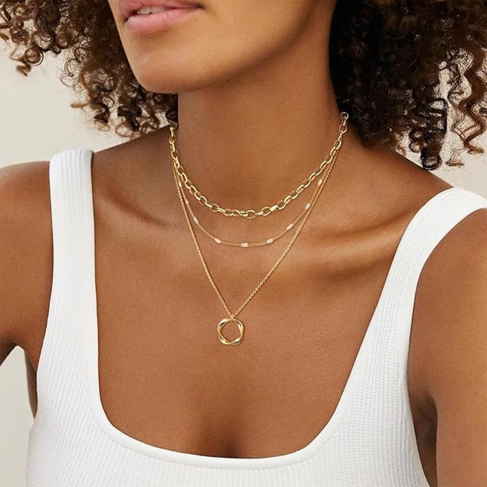 Zaewry Kette mit Anhänger 3-in-1 Layering Halskette Damen – Mehrreihige Kette, mit geometrischem Anhänger, eleganter Schmuck für Damen & Geschenkidee