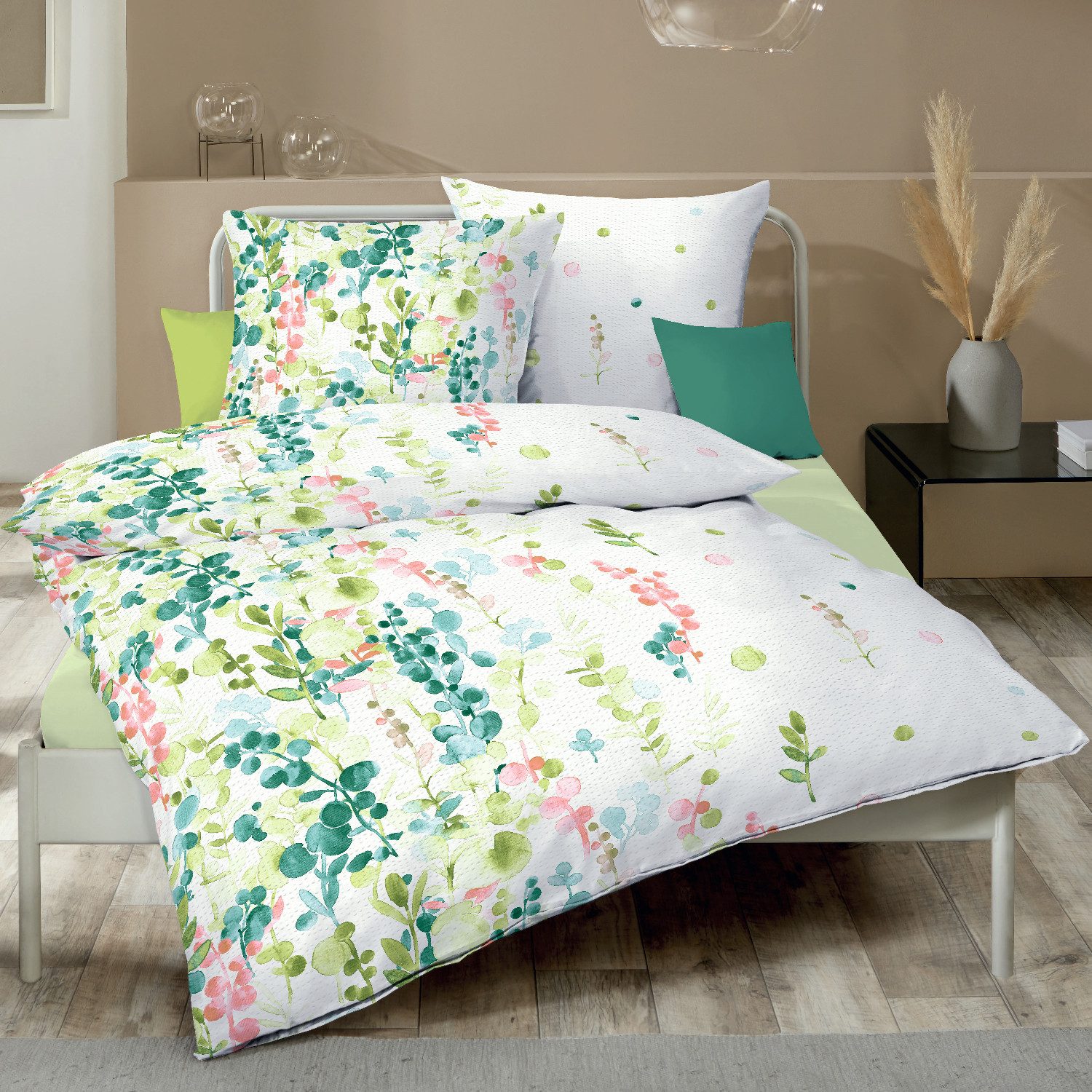 Kaeppel Bettwäsche Bettwäsche Kaeppel Seersucker 466-03 Inaya Blätter aqua grün 135x200, Seersucker, 2 teilig