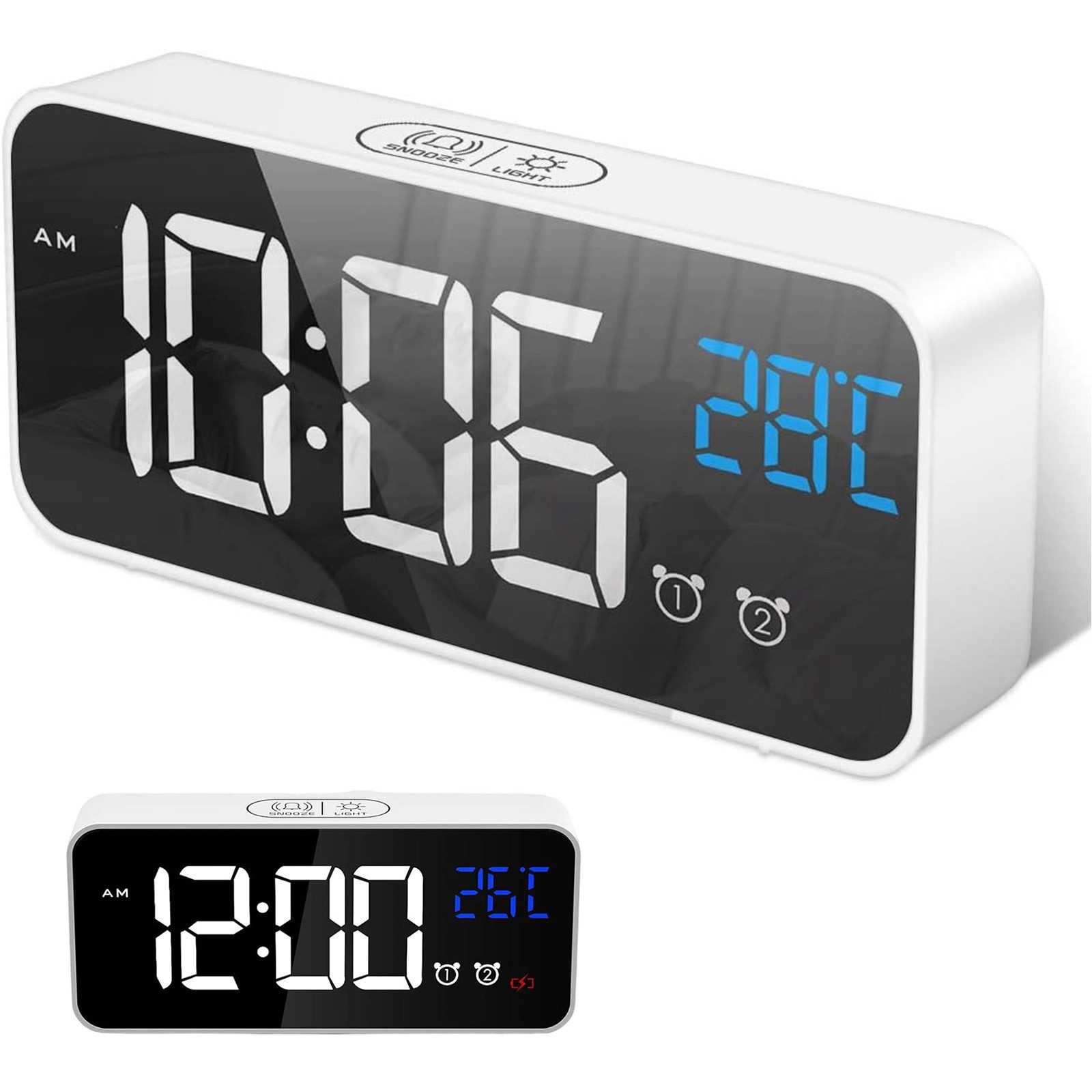 MODFU Будильники 5,5" LED Spiegelwecker Digitalwecker Digitaluhr 2 Alarme mit Snooze, 13 Wecktöne 3 Lautstärken 4 Helligkeitsstufen