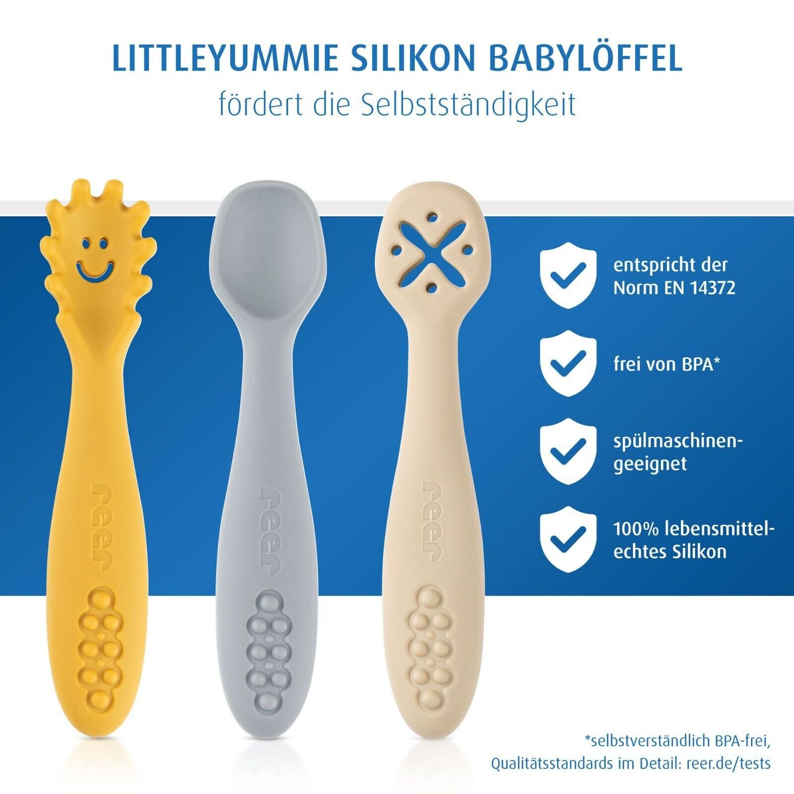 Reer Esslernlöffel LittleYummie Babylöffel 6m+ (3 Stück), aus 100% lebensmittelechtem Silikon