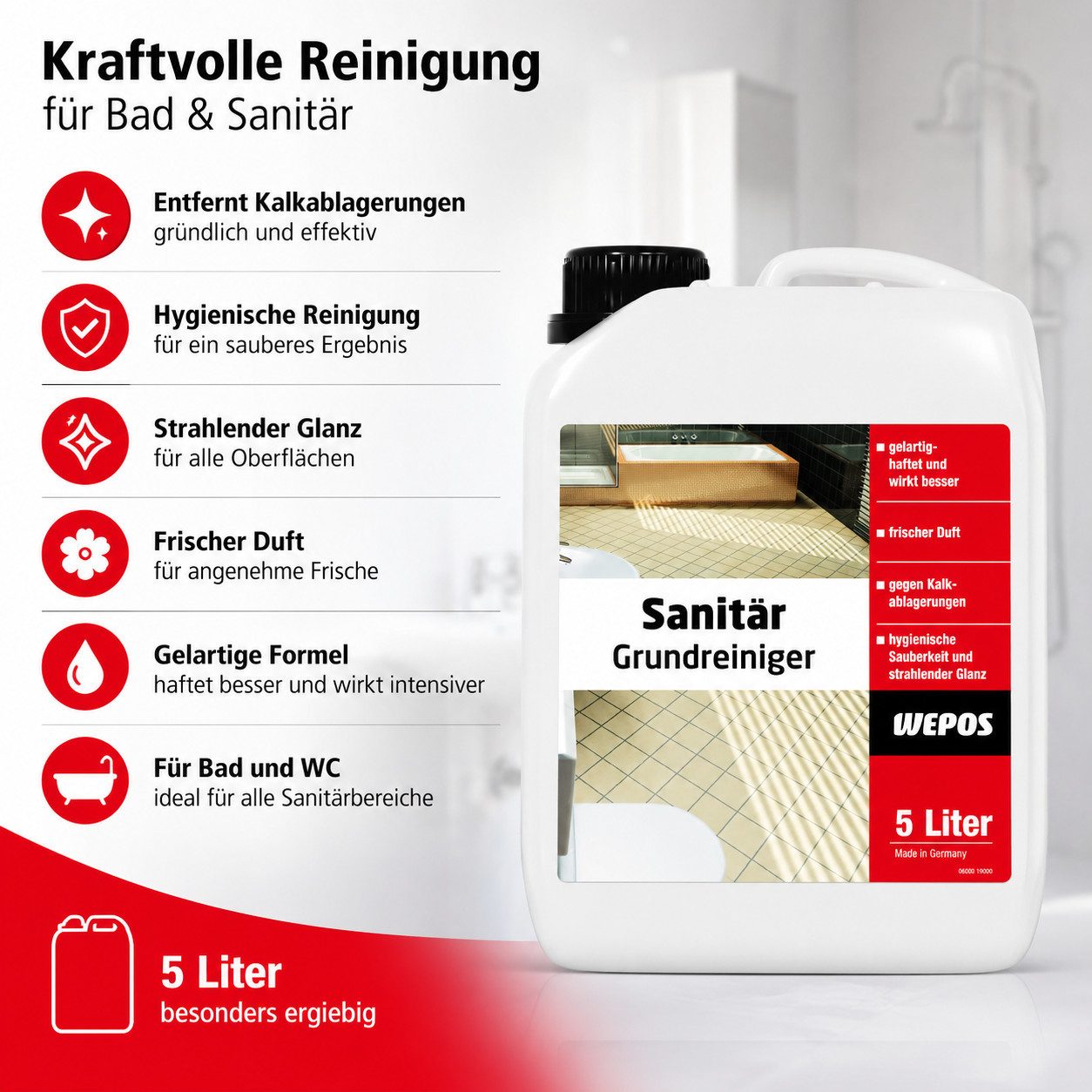 DomDeco WEPOS Sanitär & Kalk Reiniger 5L, Gel-Grundreiniger für Bad Grundreiniger (Sauer, kraftvoller Kalklöser, Sanitärreiniger, hochkonzentriert)