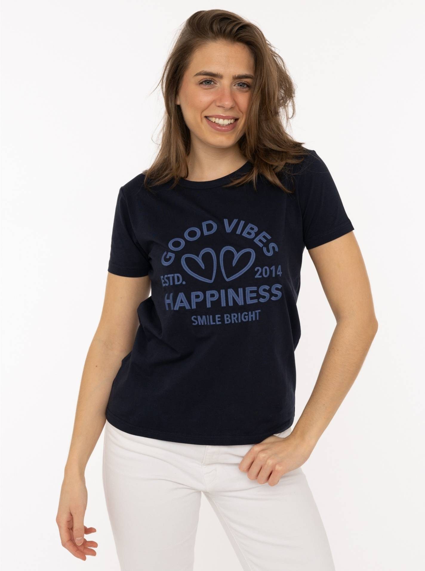 Zwillingsherz T-Shirt "Happiness Vibes" ton in ton Stickerei, kurzarm, Rundhals