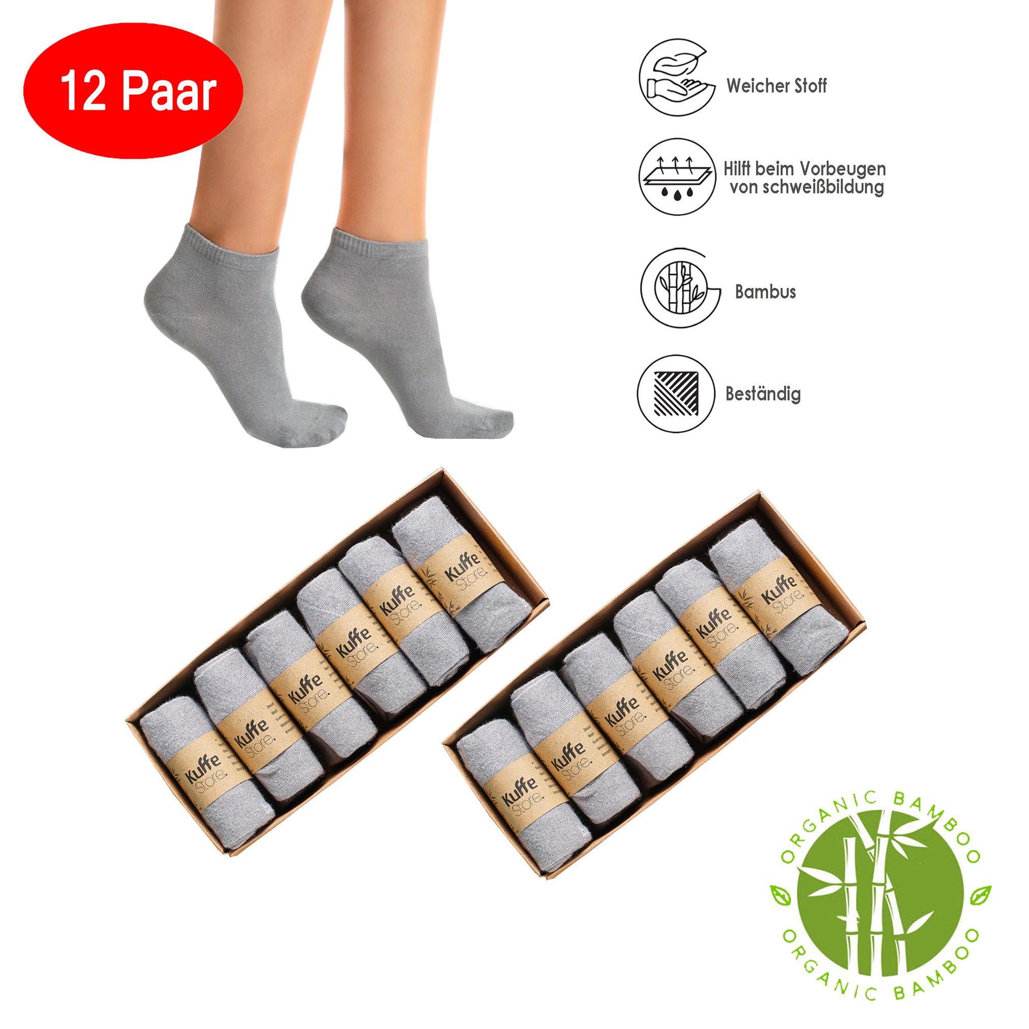Kuffe Sportsocken Bambussocken 12 Paar,(Box, 6er-Pack x2)Atmungsaktiv UndAntibakteriell Grau