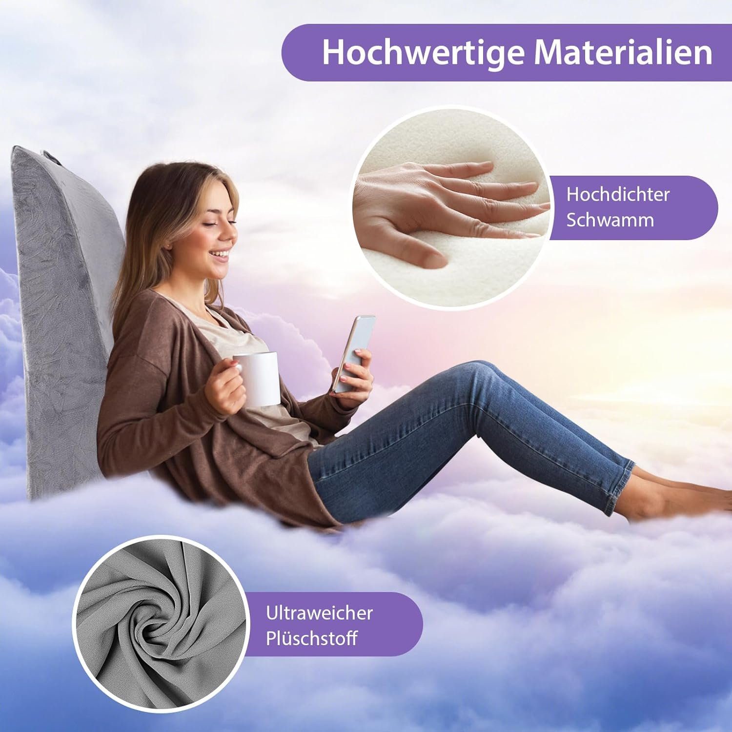 KOMFOTTEU Keilkissen Lesekissen Rückenkissen, mit Griff & waschbarem Bezug
