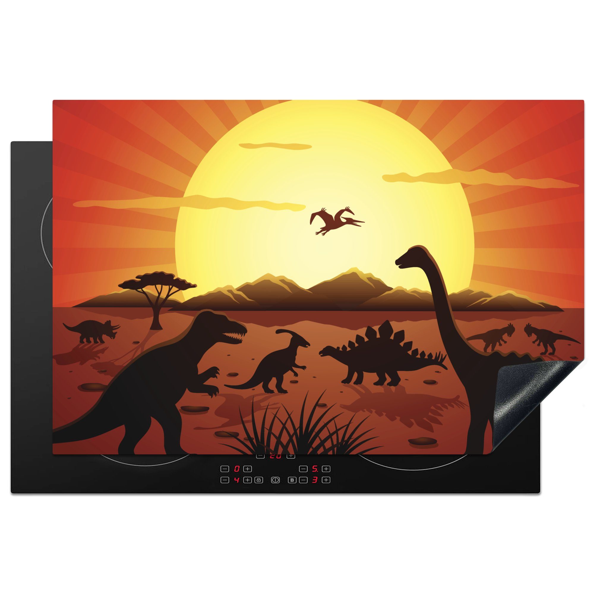 MuchoWow Herdblende-/Abdeckplatte Dino - Sonne - Natur - Zeichnung - Kinder - Jungen, Vinyl, (1 tlg), 77x51 cm, Ceranfeldabdeckung, Arbeitsplatte für küche