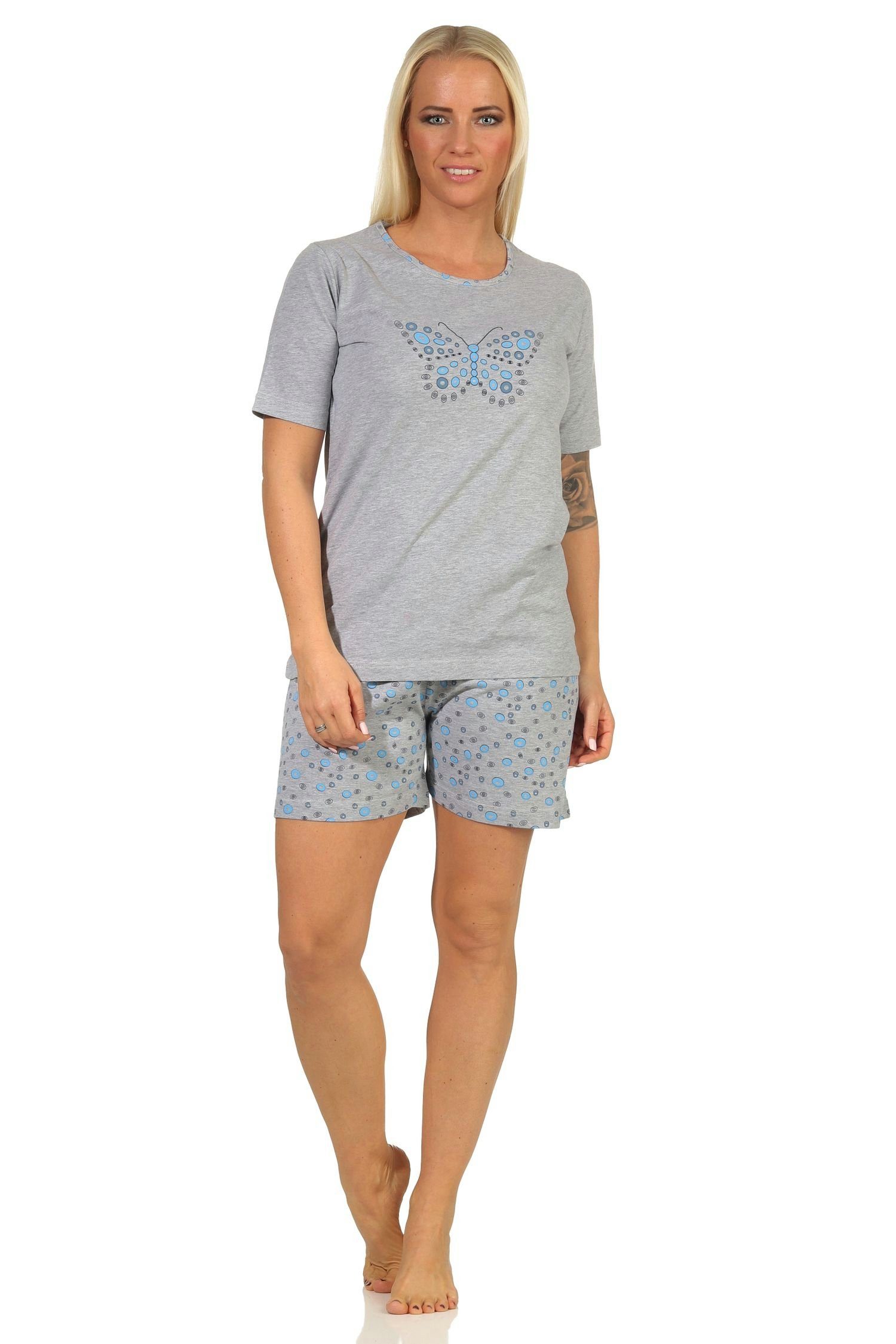 RELAX by Normann Pyjama Damen Shorty Schlafanzug, kurzarm Pyjama mit Schmetterling-Motiv blau