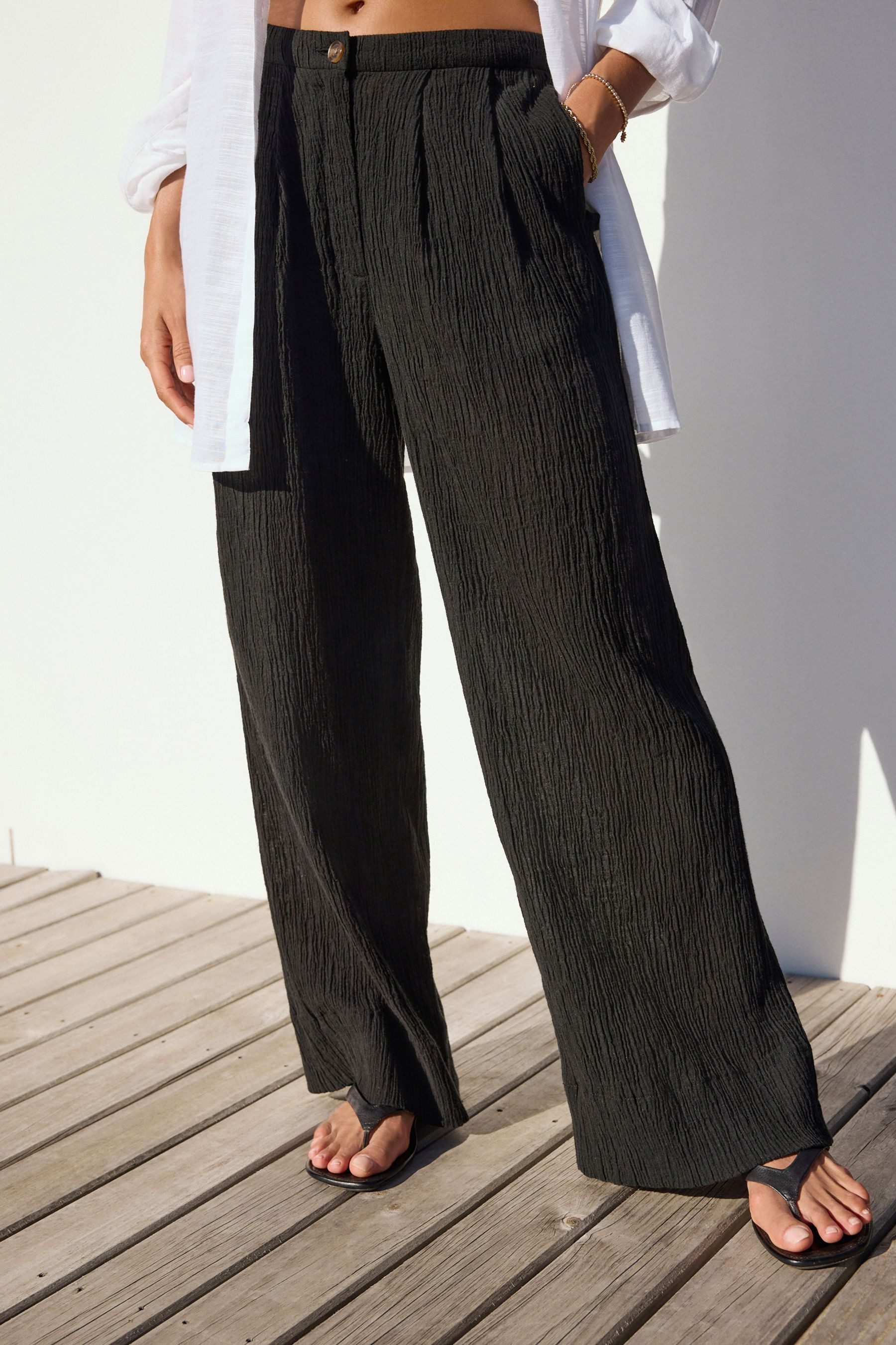 Next Palazzohose Hose mit weitem Bein und Leinen in Knitteroptik (1-tlg)
