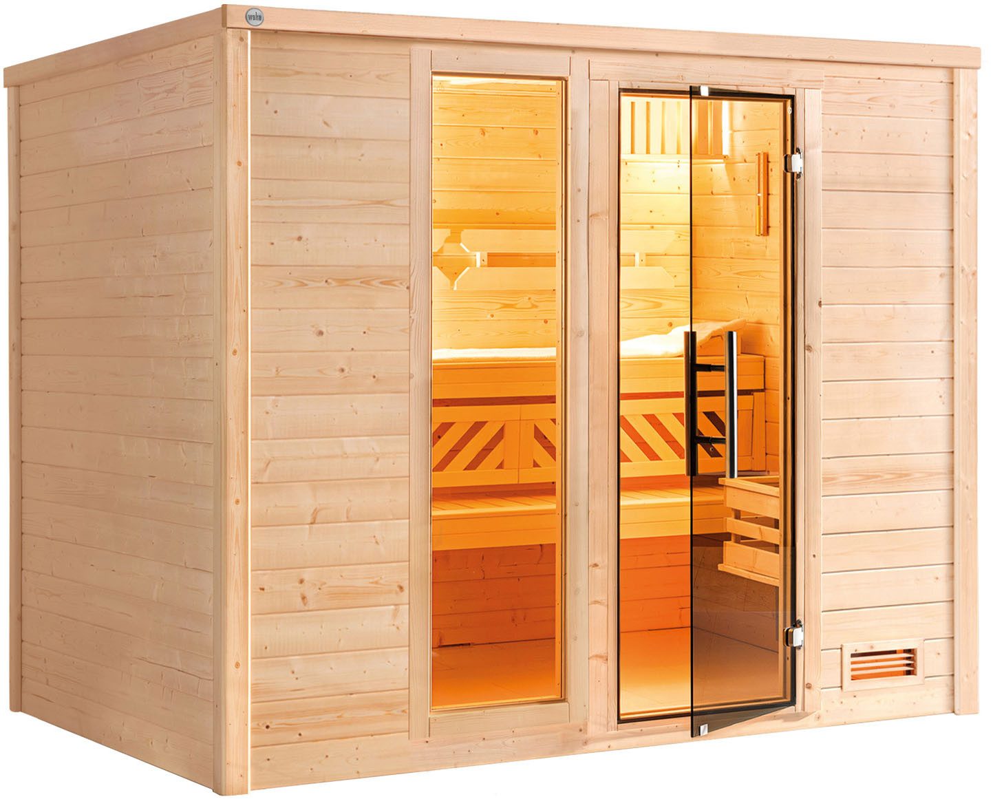 weka Sauna Massivholzsauna BERGEN 3, BxTxH: 245,5 x 195 x 205 cm, 45 mm, Blockbohlen, Fensterelement, moderne Ganzglastür