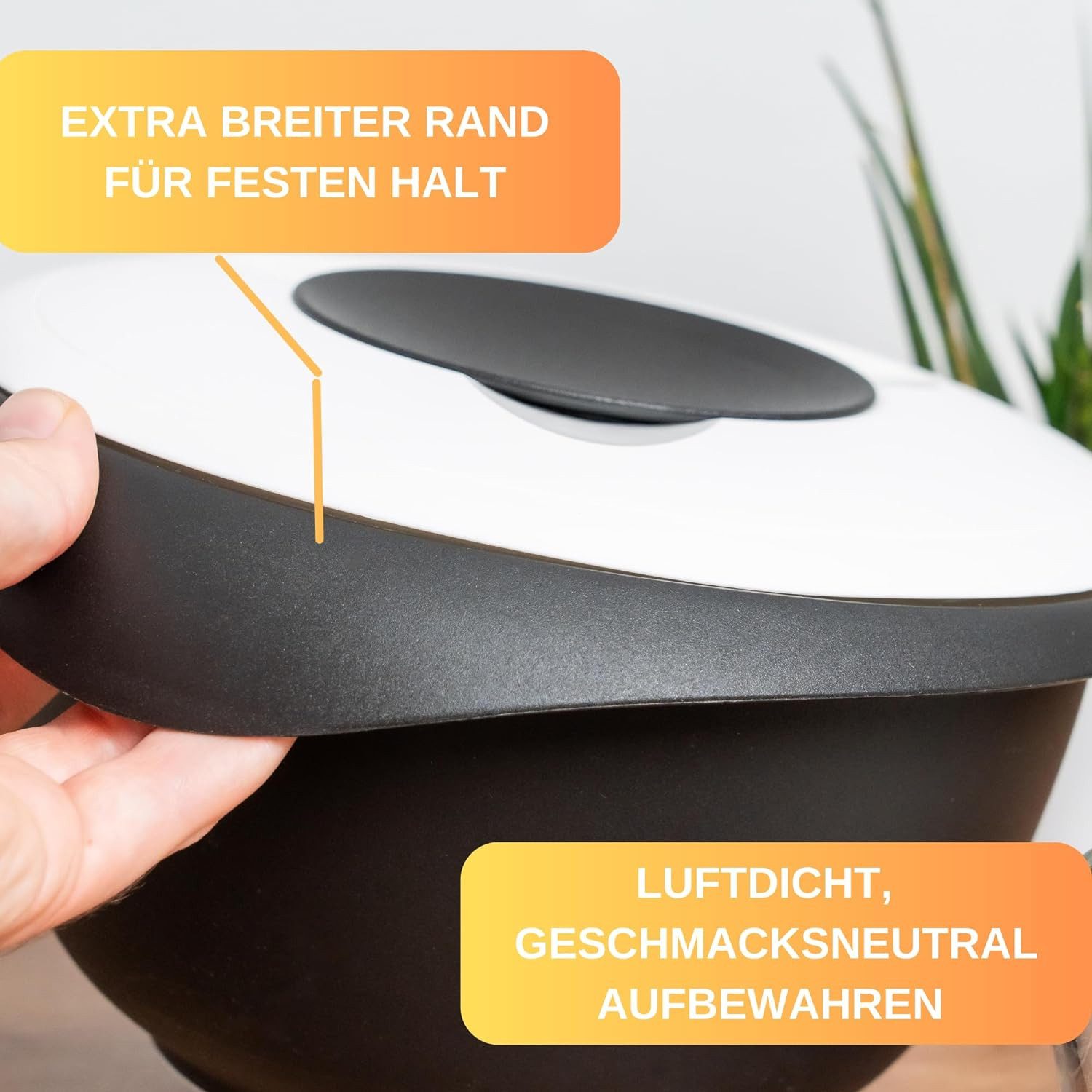 Thiru Rührschüssel Premium mit Spritzschutz Deckel - BPA Frei - Rutschfest, Quirltopf 1L