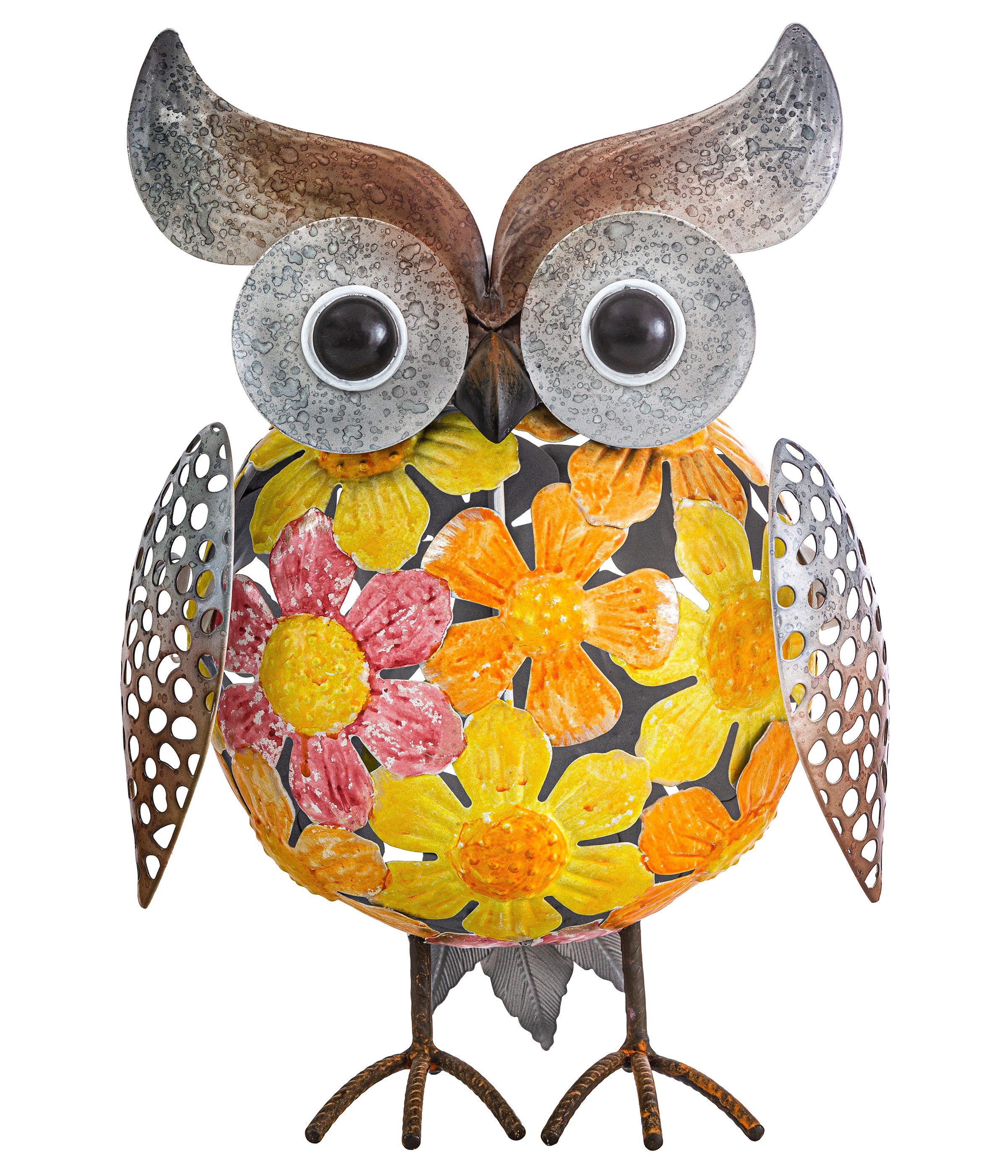 Dehner Gartenfigur Dekofigur Eule, 22 x 32 x 13.5 cm, Eisen, gelb / grau, farbenfrohe Garten-Dekoration, frostbeständig