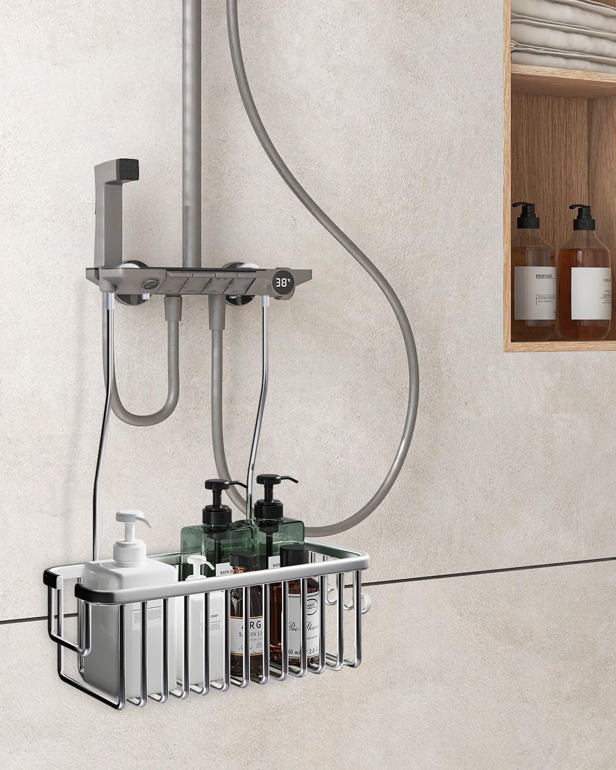 SinLaw Duschkorb Rostfreies Duschregal, Duschbodenaufhängung, kein Bohren erforderlich (1 St), Shampoo Halterung, Nagelfreie Montage, flecken- und rostbeständig