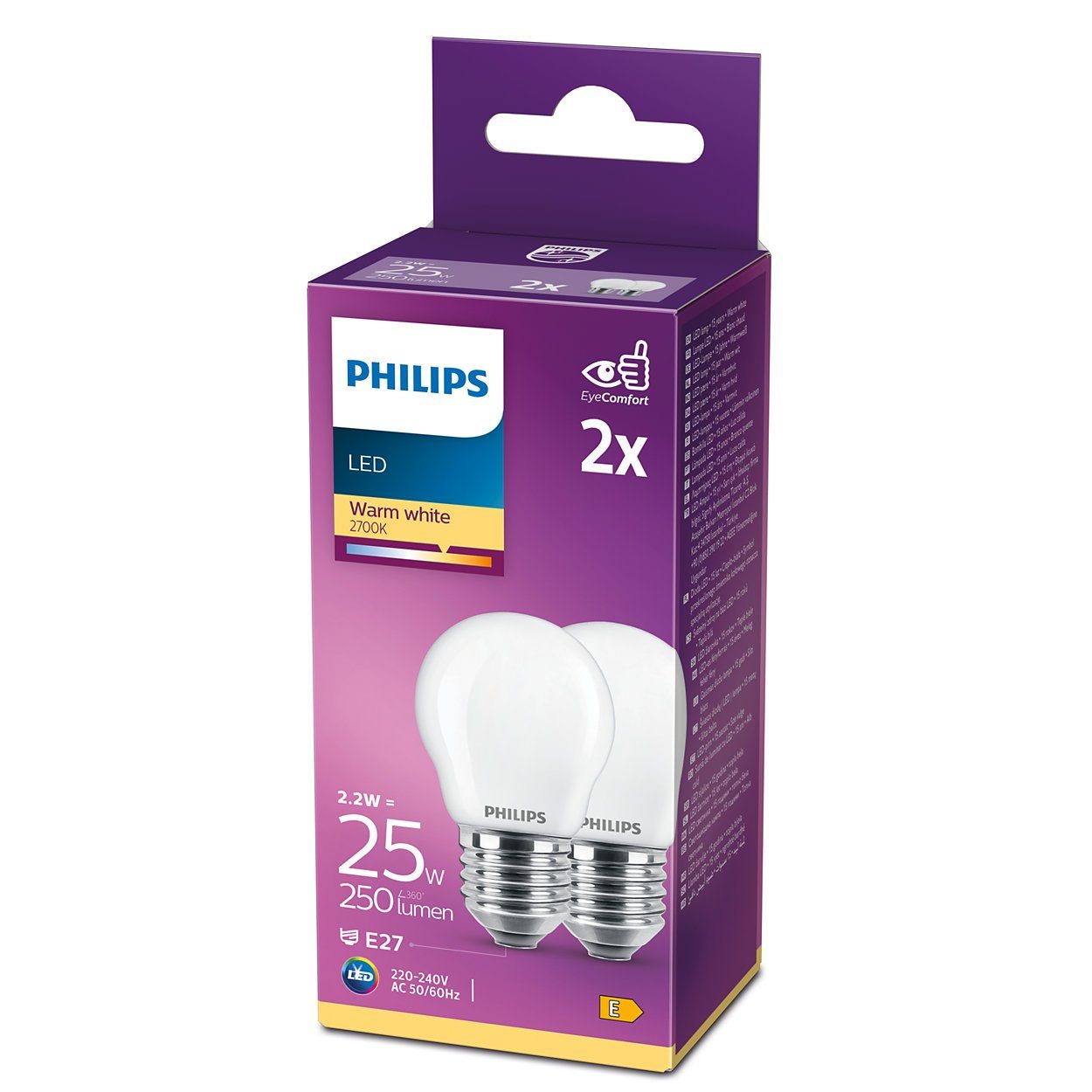 E27, 2er = Philips 250lm Tropfen 25W E27 LED-Leuchtmittel Warmweiß 2700K, Warmweiß Philips LED 230V 2,2W G45