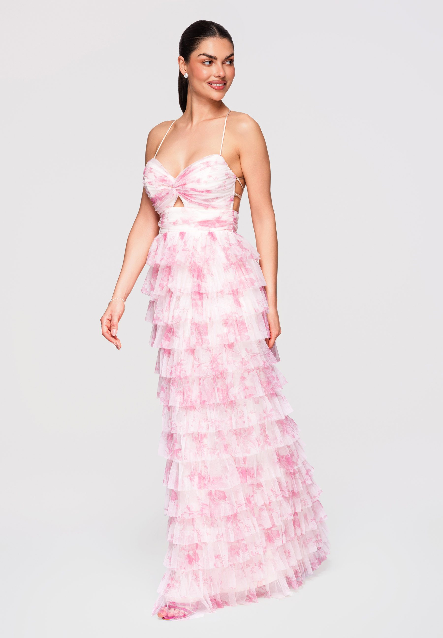 OMBRE Abendkleid Maxikleid Abendkleid Tüll mit Schnürung Rose S (kein Set, 1-tlg) Offener Rücken mit gekreuzten Bändern und regulierbarer Schnürung