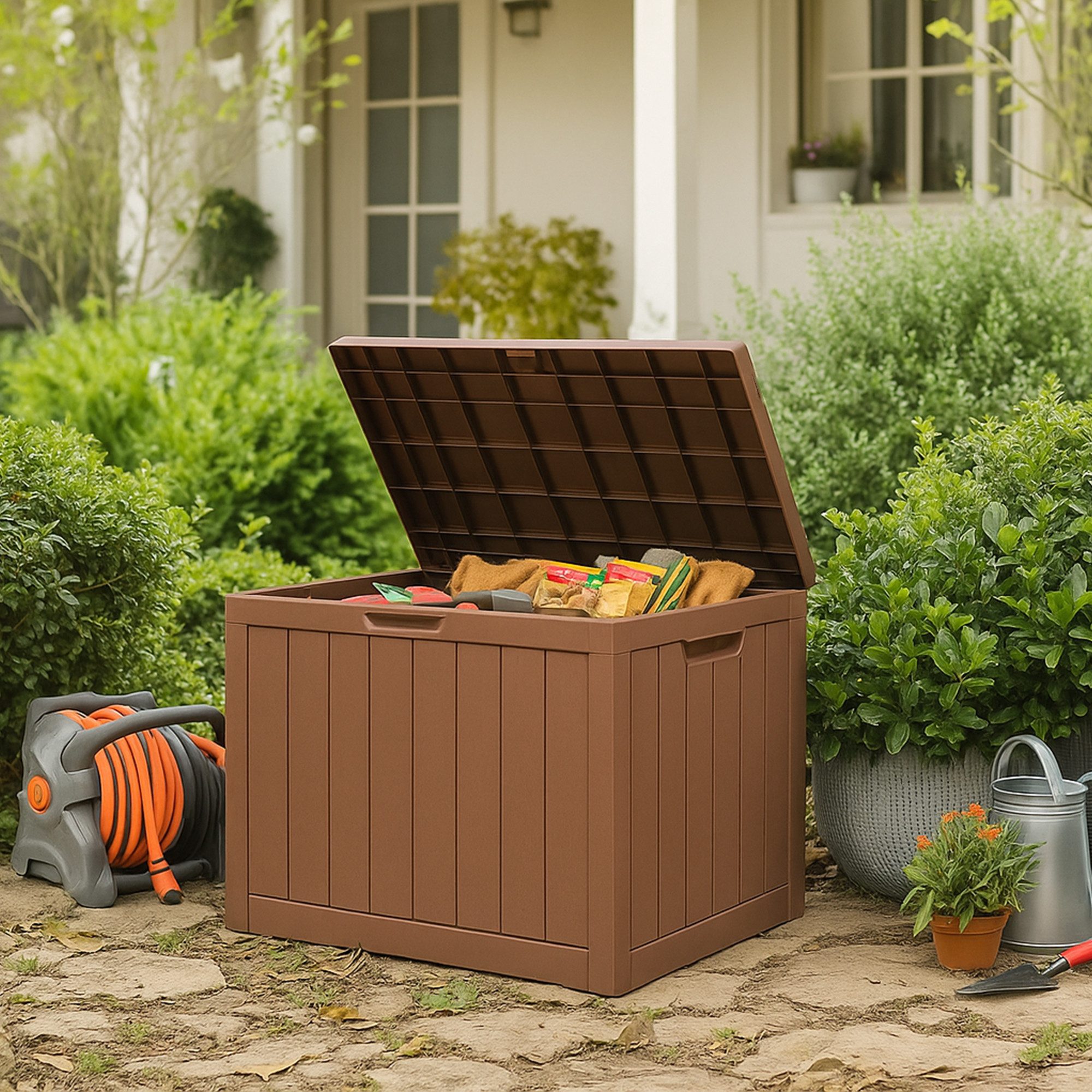 ONDIS24 Gartenbox City Cube Holzoptik Kissenbox Poolbox Sitztruhe 110L, UV, günstig online kaufen