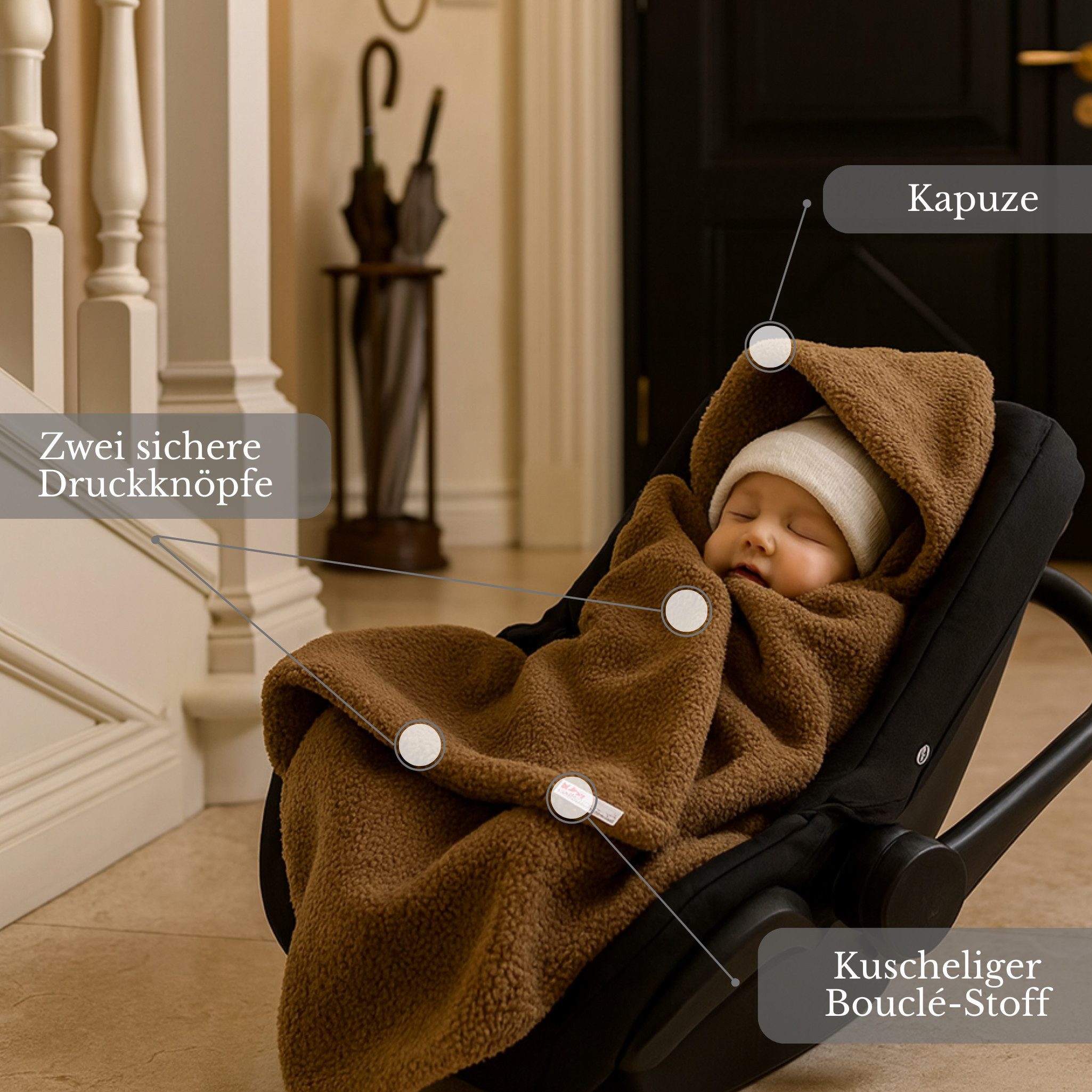 BabyLux Babyschale Warme Einschlagdecke Bouclé 80x80 cm für Autositz Decke 0+, Bouclé - Braun - 80x80cm – Bild 2 von 3