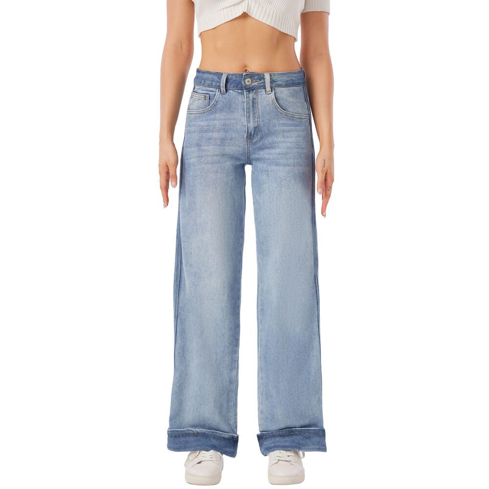 Ital-Design Dad-Jeans Damen High-Waist Wide-Leg Jeans mit Umschlagsaum (91767270) Used-Look Stretch Relaxed Fit Jeans in Blau