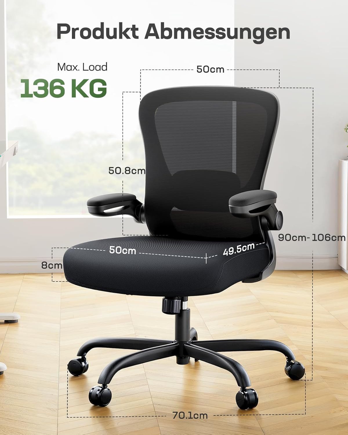 Marsail Bürostuhl Ergonomischer – Schreibtischstuhl Mesh mit 3D-verstellbaren Armlehnen (4-fach verstellbarer Lendenwirbelstütze, Mesh-Rückenlehne), Höhenverstellung, Wippfunktion, Drehstuhl bis 136 kg