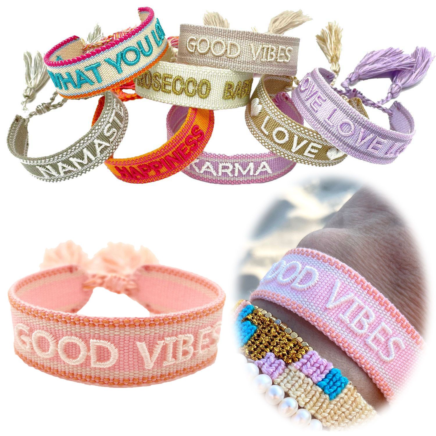 LS-LebenStil Armband Canvas Statement Armband Good Vibes Rosa Weiß Quasten bestickt (Baumwollarmband Webarmband Armbandliebe Freundschaftsarmband Freundschaftsband Partnerarmband, 1-tlg., textil geflochten gewebt - hochwertiger gestickter Spruch), perfekt als Serviettenring – personalisiert auch für Hochzeiten usw