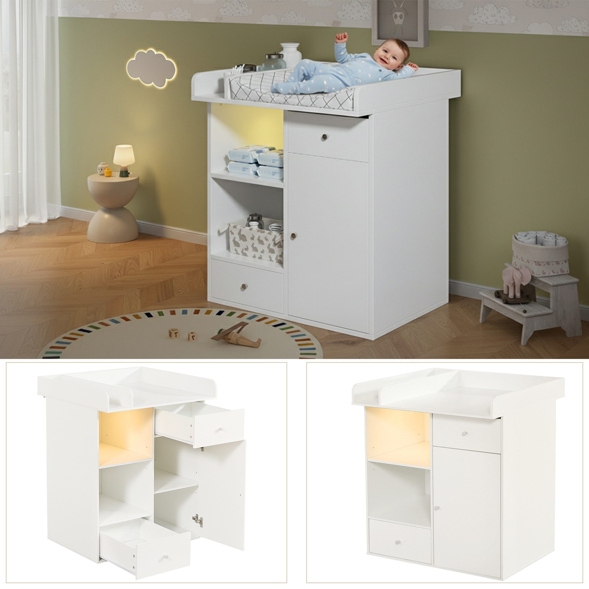 BlingBin Wickelkommode Wickeltisch Kommode mit 2 Schubladen und viel Stauraum, mit verstellbarer LED-Beleuchtung Wickelplatz mit Trennwänden