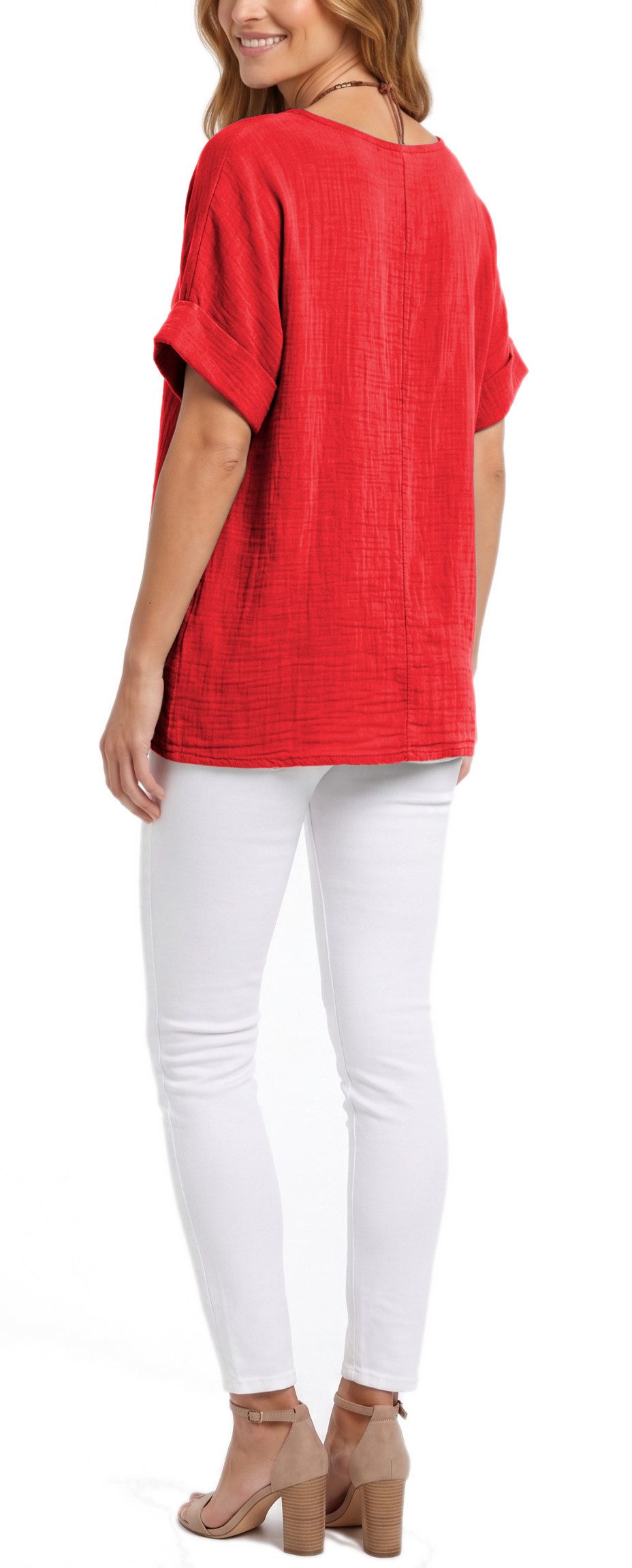dy_mode Kurzarmbluse Damen Kurzarm Bluse Leichte Sommer Tunika Baumwollbluse Oberteil in Unifarbe, mit passende Kette