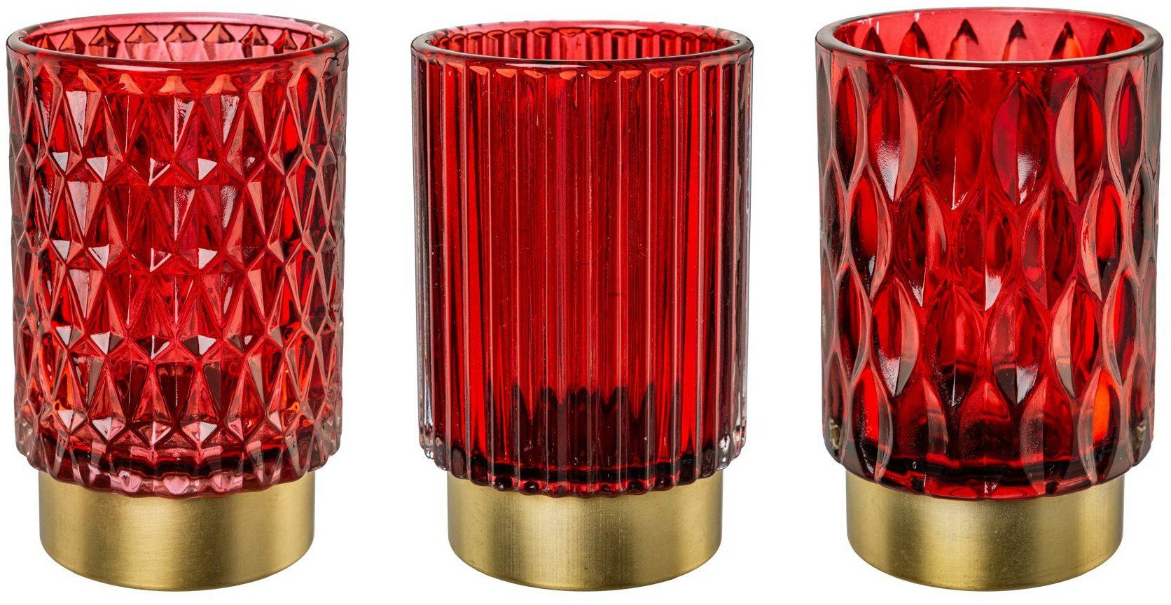 Creativ deco Windlicht Weihnachtsdeko (3 St), mit unterschiedlicher Oberflächenstruktur rot