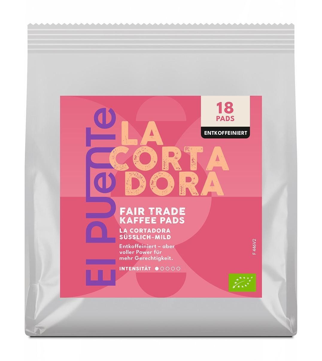 El Puente Kaffee La Cortadora Bio-Kaffeepads 18 Pads entkoffeiniert, Fair Trade, Bio, Handmade