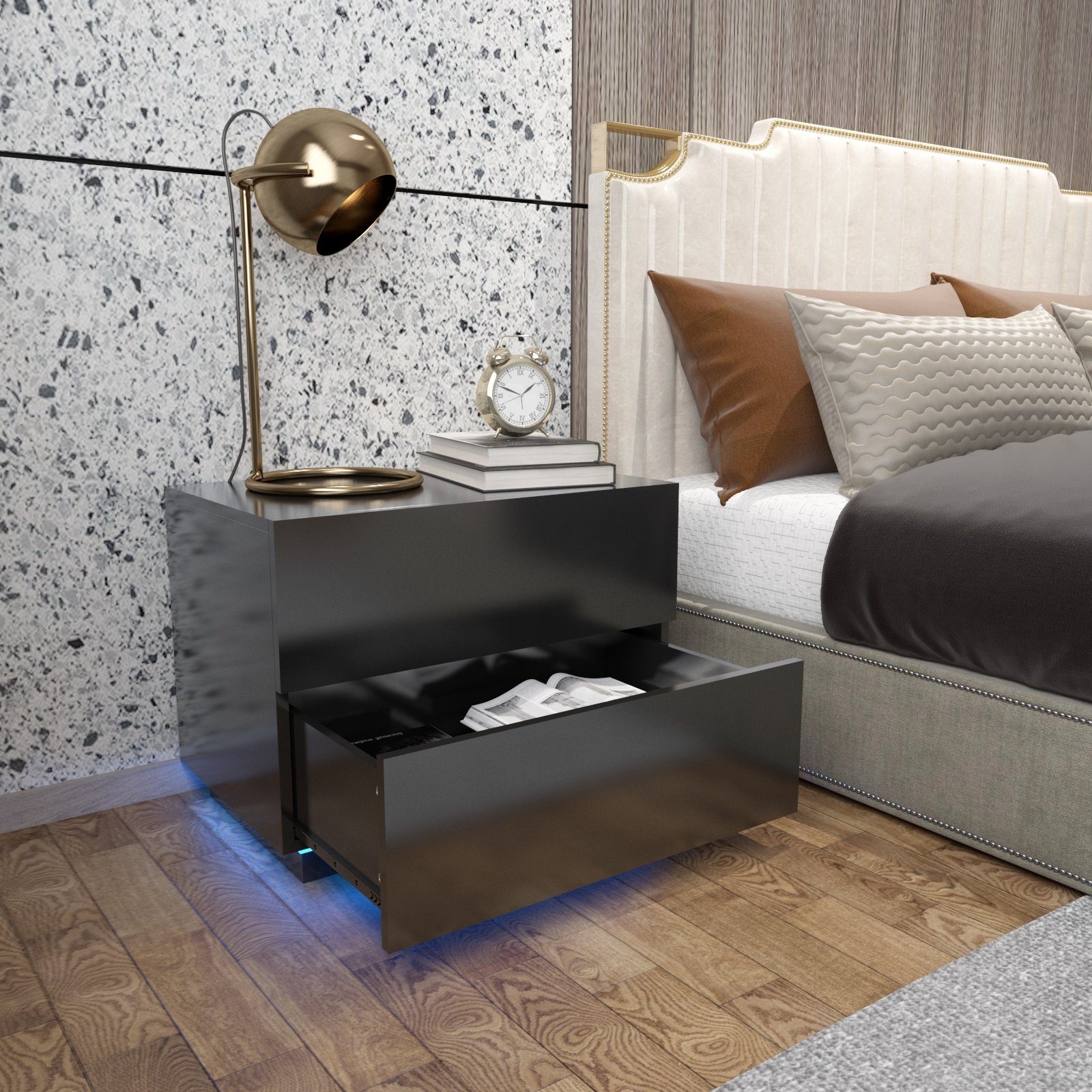 Nachttisch schwarz mit Nachtkommode, 60x39x45cm USB-LED-Lampe, Mondeer LED Hochglanz-Nachttisch