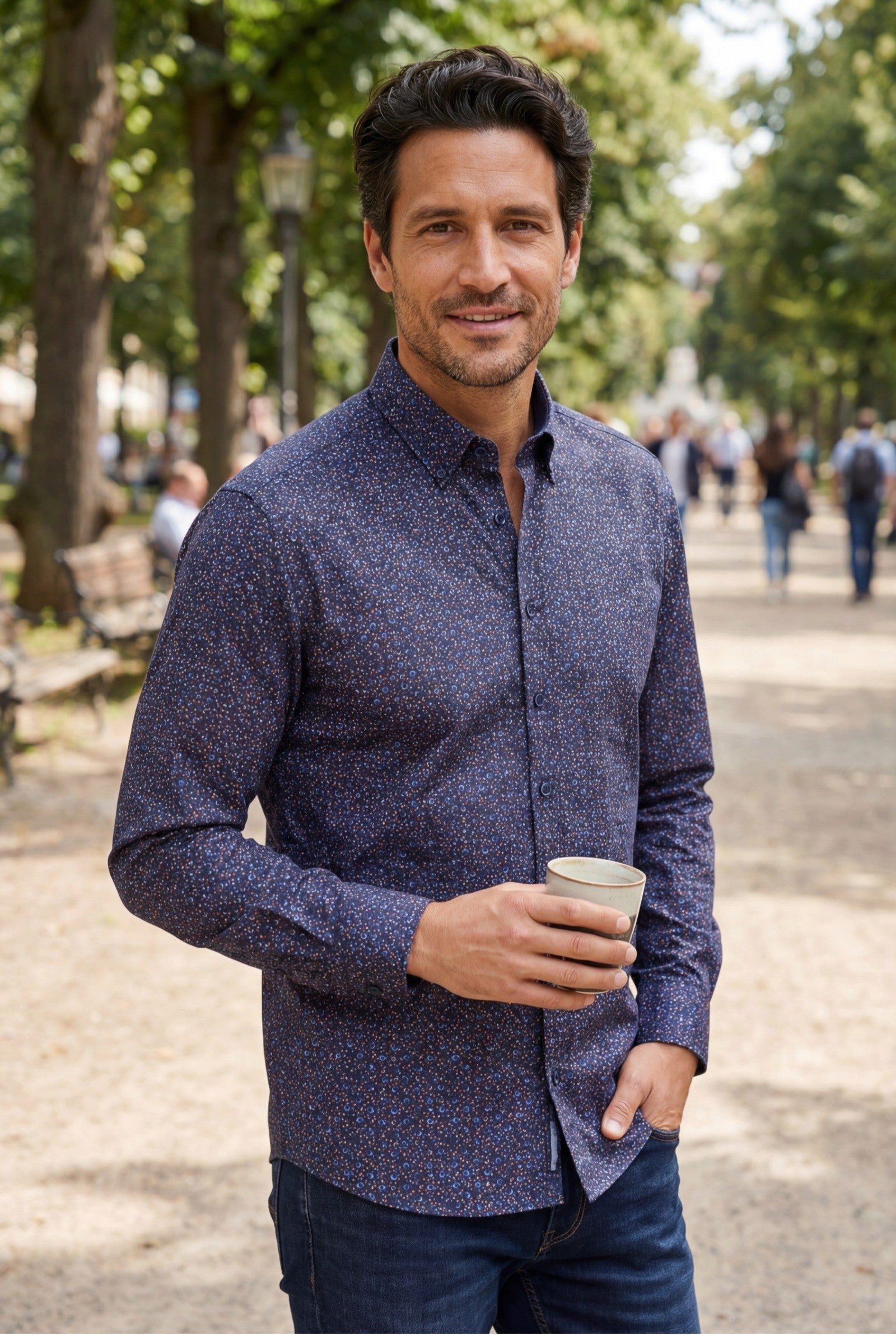 Langarmhemd Modern Fit Langarm Popeline-Herrenhemd Kreismuster Navy Style Frühling