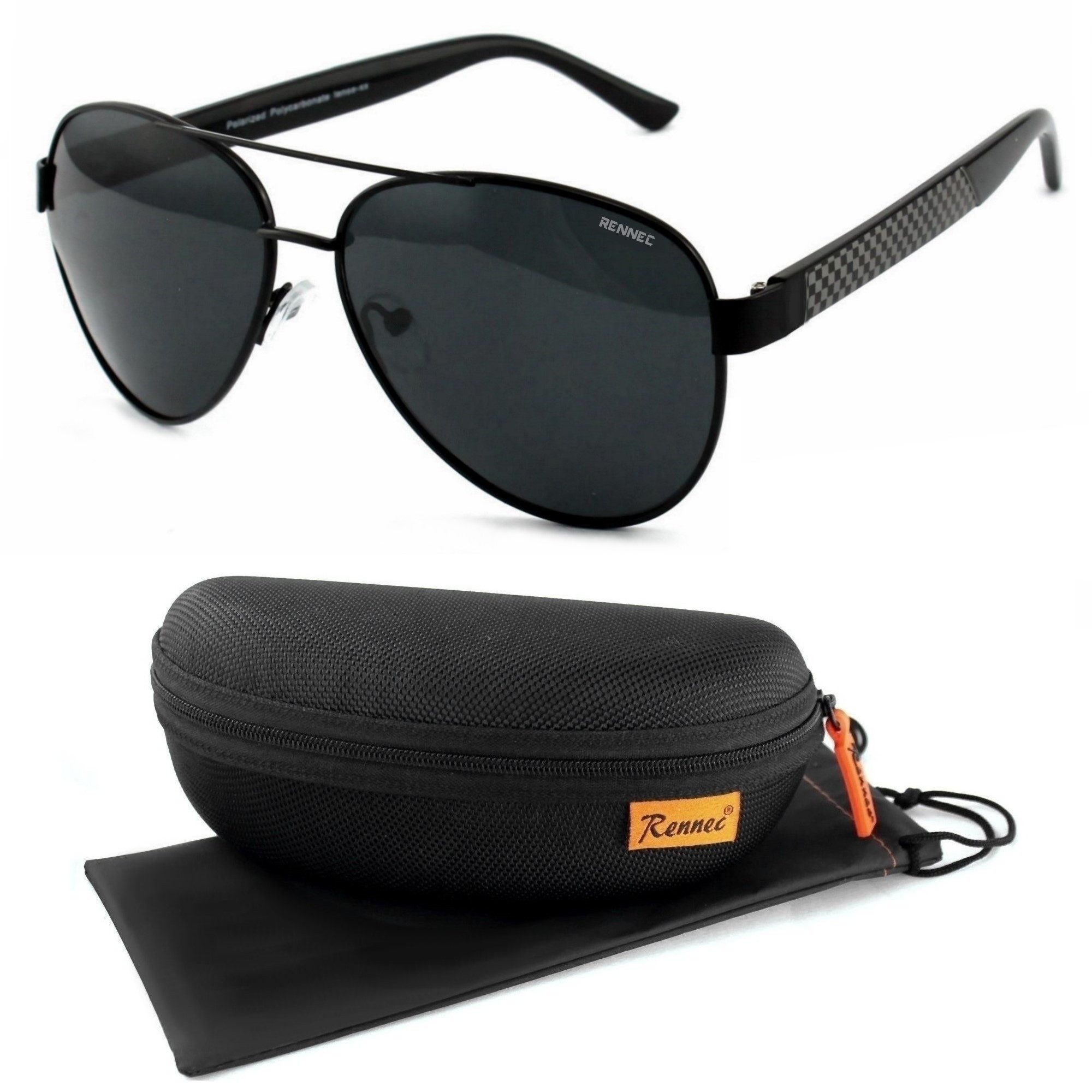 Rennec Sonnenbrille (Polarisierte Pilotenbrille Oversize Schwarz mit Brillenbox, 1x Piloten Sonnenbrille für Damen Herren in XL) Linsen Smoke Schwarz UV400 Getönt sportlich breite Bügel