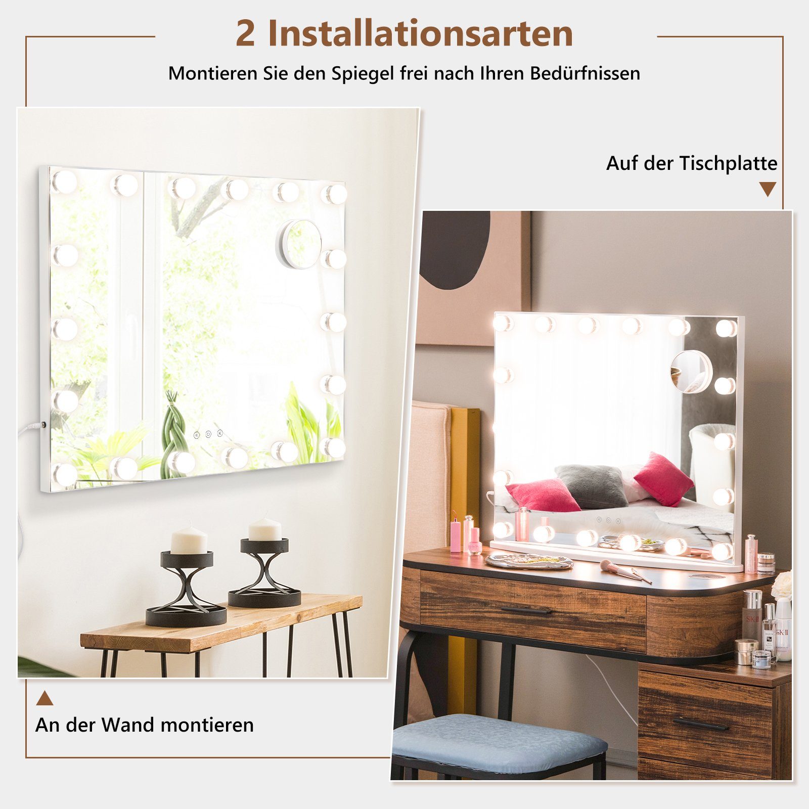 COSTWAY LED-Lichtspiegel, Hollywood Schminkspiegel 18 LED 3X Vergrößerung günstig online kaufen