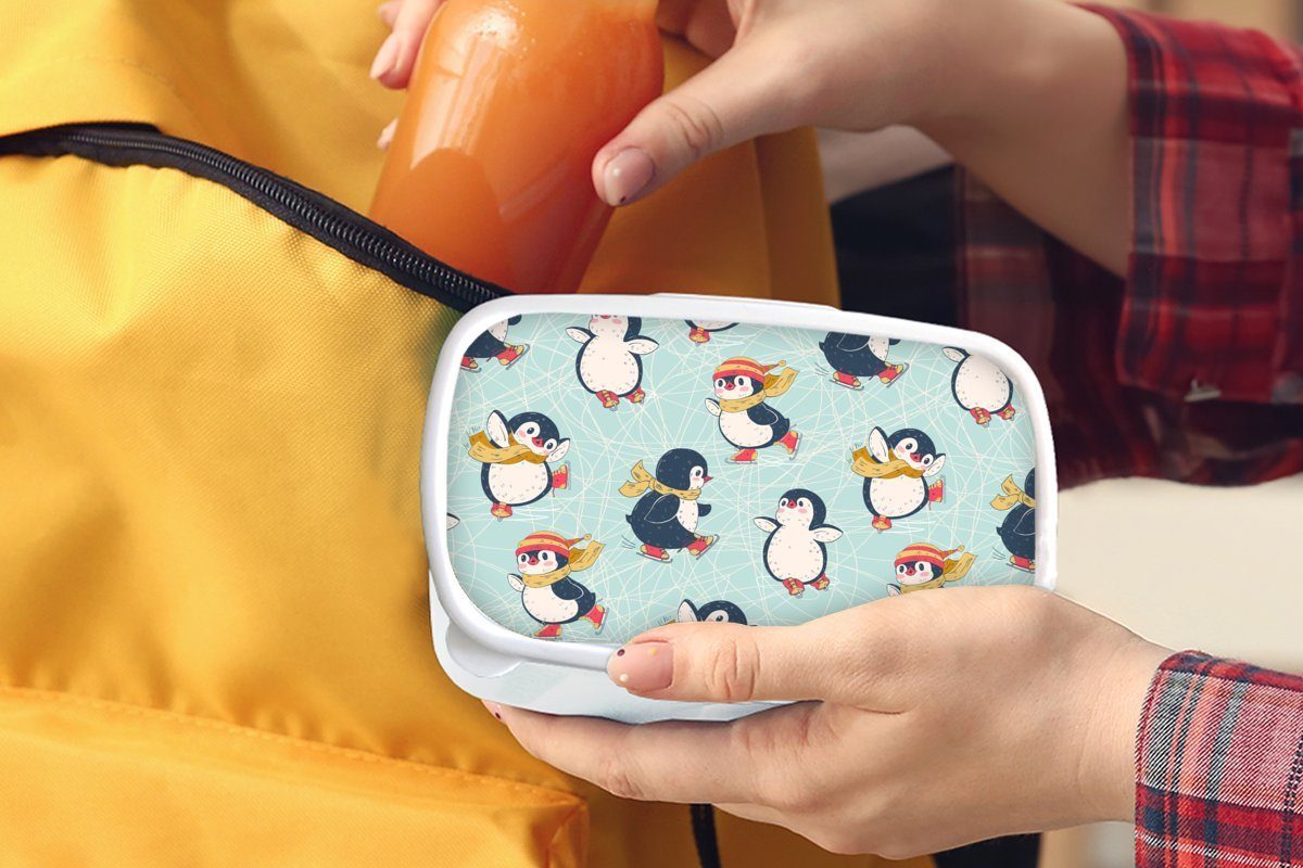 Kinder (2-tlg), Winter - Pinguin Brotdose, Schlittschuhe - und MuchoWow Lunchbox - Kunststoff, für - Erwachsene, Kinder und Mädchen Brotbox Muster, weiß Jungs für