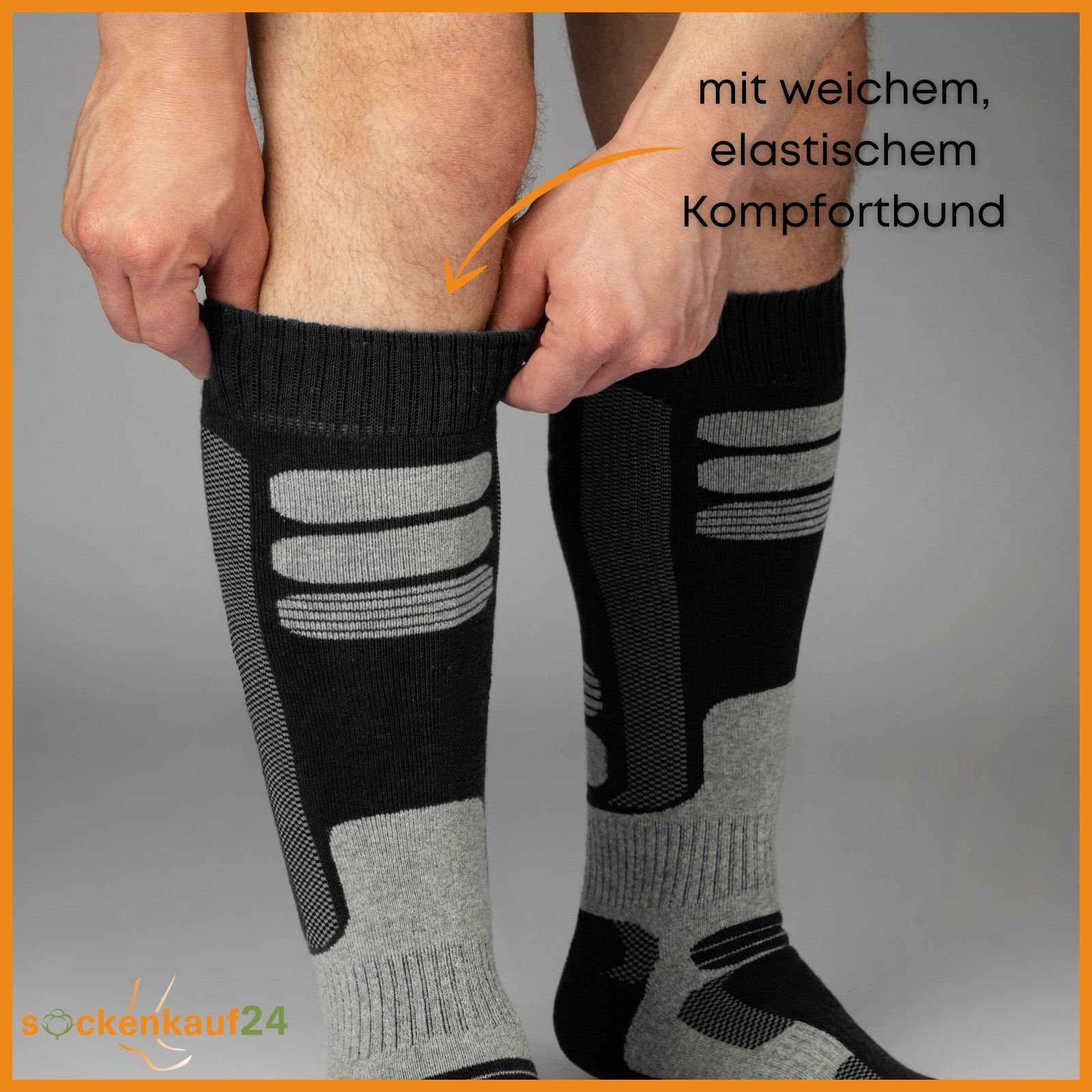 sockenkauf24 Skisocken 2 Paar Ski Strümpfe Herren & Damen Ski Socken lang (Schwarz/Blau, 43-46) Atmungsaktiv - 42816