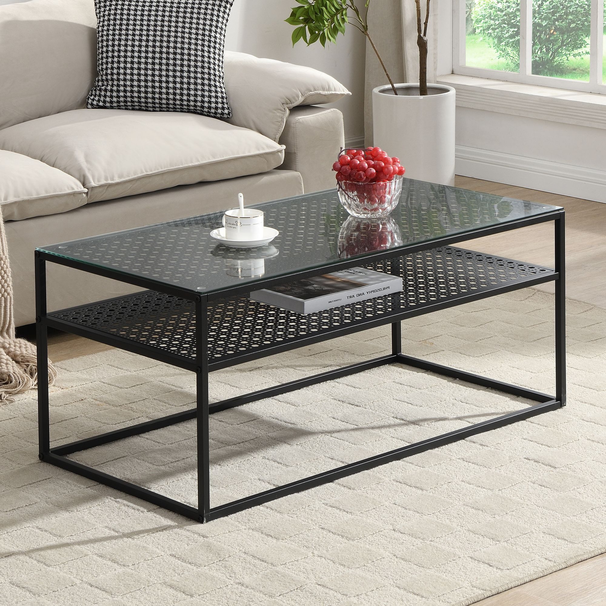 FINEBUY Couchtisch FB72741 Wohnzimmertisch Glas Rechteckig 100 cm Metall Ablage Modern (Sofatisch Glas Rechteckig 100 cm Schwarz Ablage), Wohnzimmertisch Industrial, Metallgestell Modern