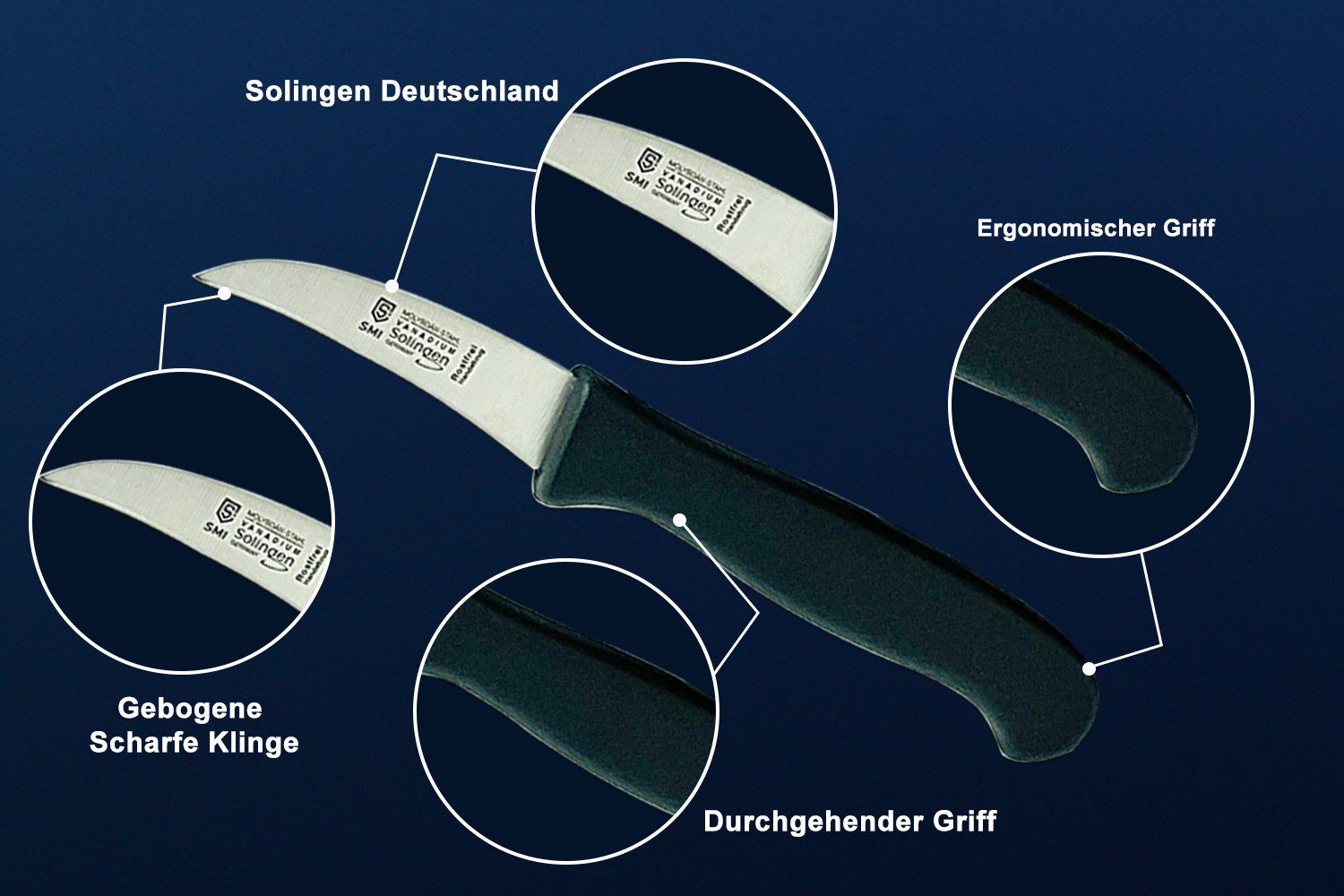 SMI Schälmesser Obstmesser Küchenmesser Solingen Gemüsemesser gebogene Klinge 2 Stück, schwarz, Klinge aus rostfreiem Stahl