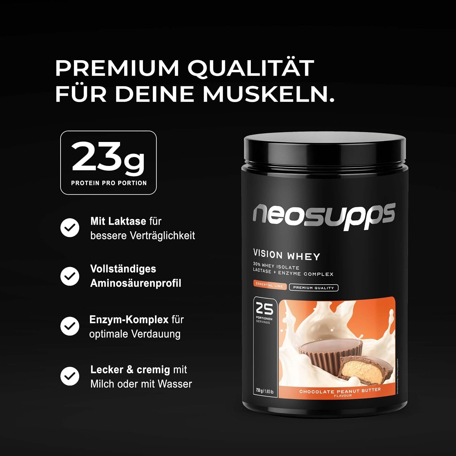 Neosupps Vision Whey Chocolate Peanut Butter 750g, Protein Pulver Pulver, 750 g, Whey Protein für Muskelaufbau mit geprüfter Qualität, Made in Germany