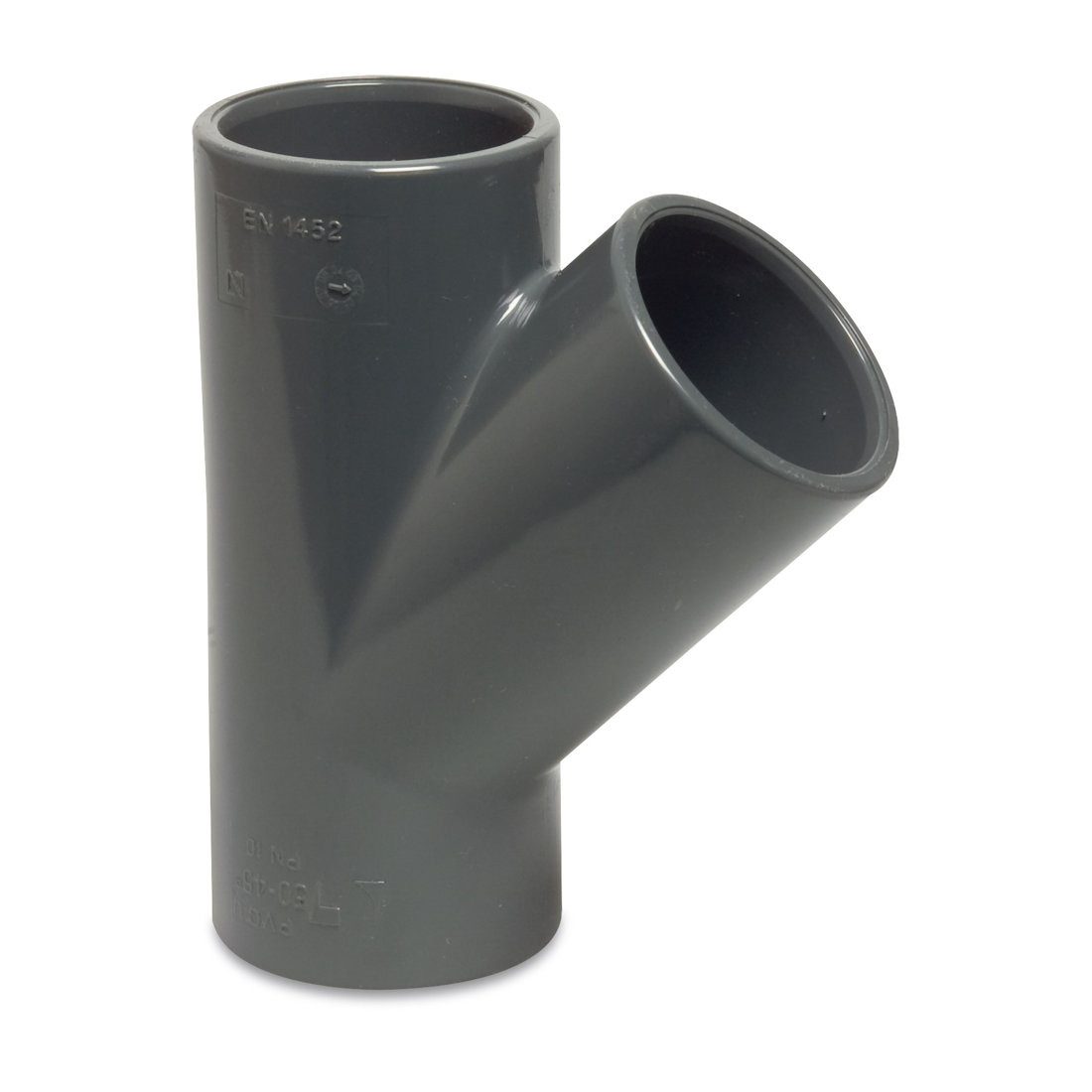 Mega Group Gewindefitting T-Stück 45° PVC-U Klebemuffe 6 - 16 bar, grau, Ø 63 mm (PN10)