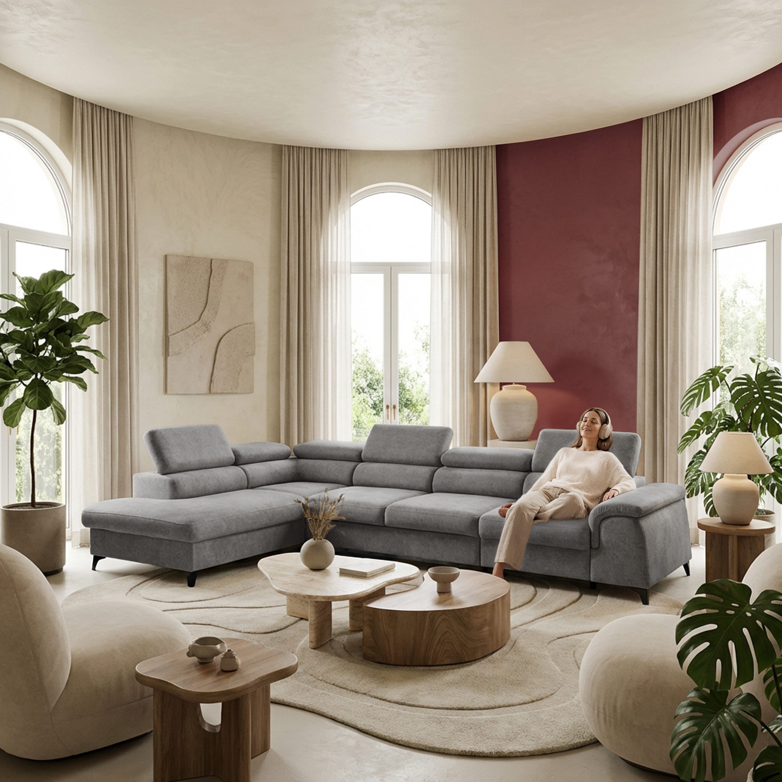 Muffo Ecksofa Plaza Maxi, Modernes Große sofa L-form mit Schlaffunktion und Verstellbare Kopfstützen Metallfüße, elegante einfache Form
