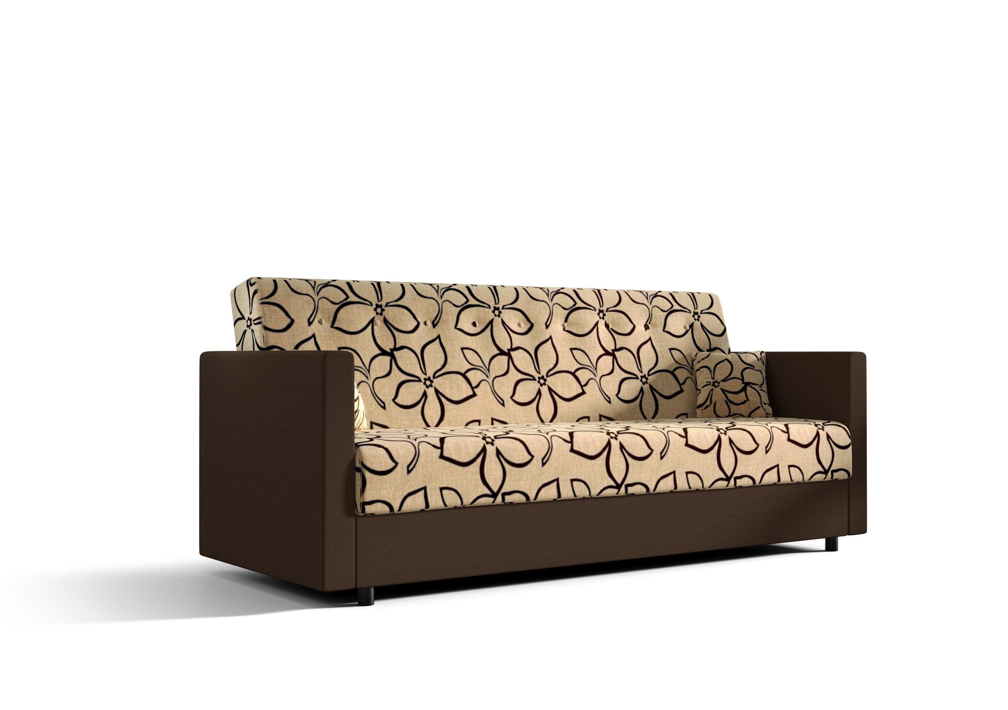 pressiode Sofa Schlafsofa, COUCH mit Schlaffunktion und Bettkasten 210cn MARIBO Creme Blumen + Braun