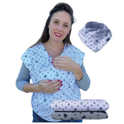 HECKBO Tragetuch Baby-Tragetuch Weiß mit blauen Ankern, inkl. Lätzchen und Tasche
