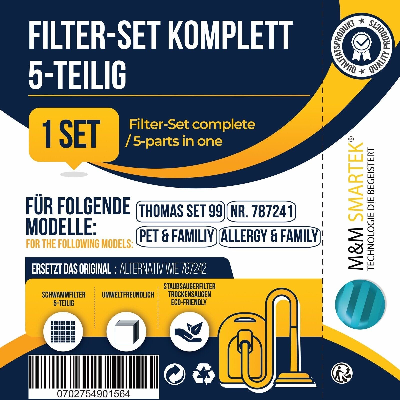 M&M Smartek Filter-Set 3x Set für Pet & Family, Multi Clean, Thomas Aqua, Zubehör für Thomas Filter-Set 99, Thomas 787.241, Thomas Cat & Dog XT, Lorela XT, Mistral XS, Twin XT und Vestfalia XT, Leicht zu waschen und zu wechseln