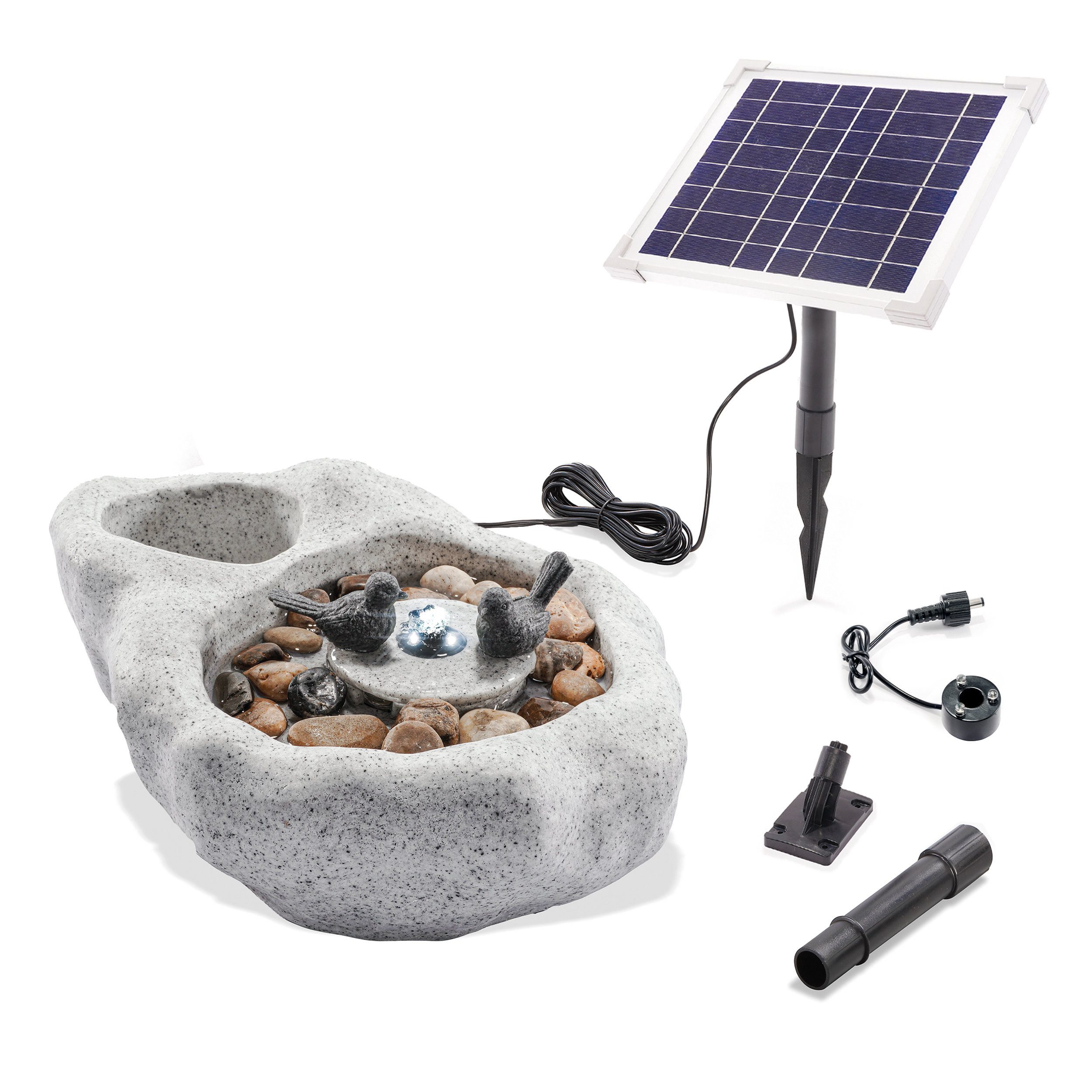 esotec Gartenbrunnen Solarbrunnen Vogelbad hell, H=17cm, LED-Licht, LiFePo4 Akku 101319, (Komplettset)