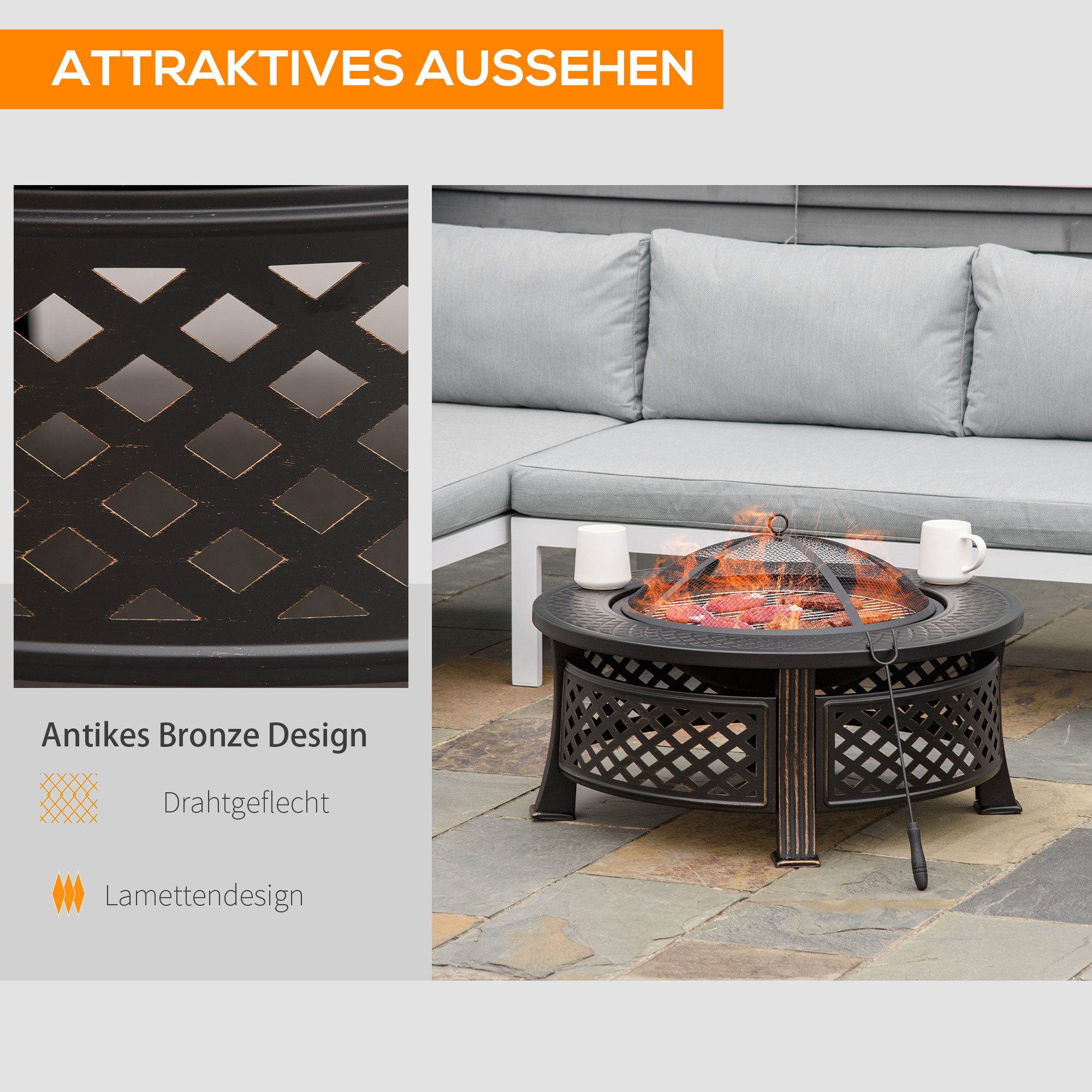 Outsunny Fire Bowl for Garden, Camping, BBQ (Spark Guard, 1 pc., Fire Bowl with Poker), Steel Black 81 x 81 x 50 cm