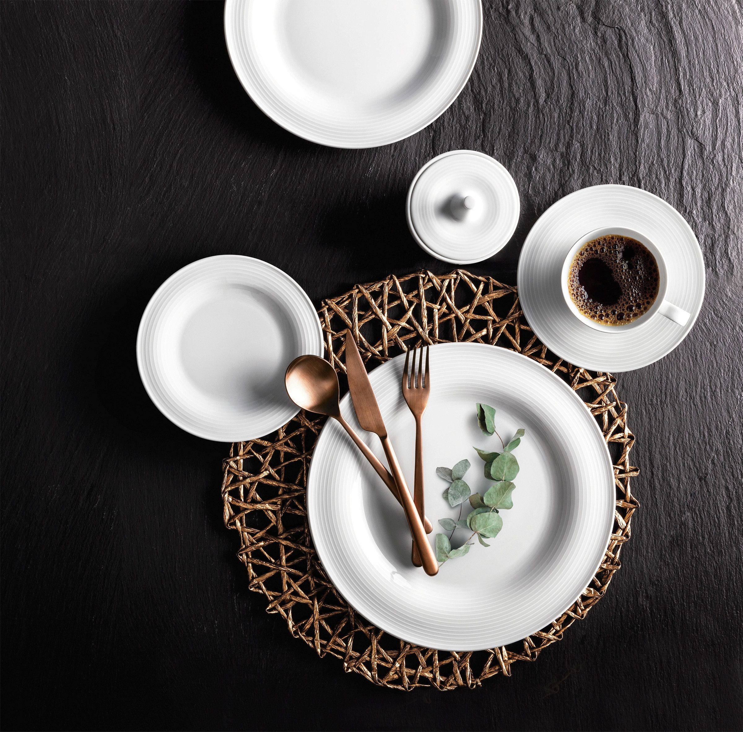 Seltmann Weiden Kombiservice Geschirr-Set, Service Beat (30-tlg), 6 Personen, Porzellan, Geschirr, Teller, Tassen, Rillendekor, 30 Teile, für 6 Personen