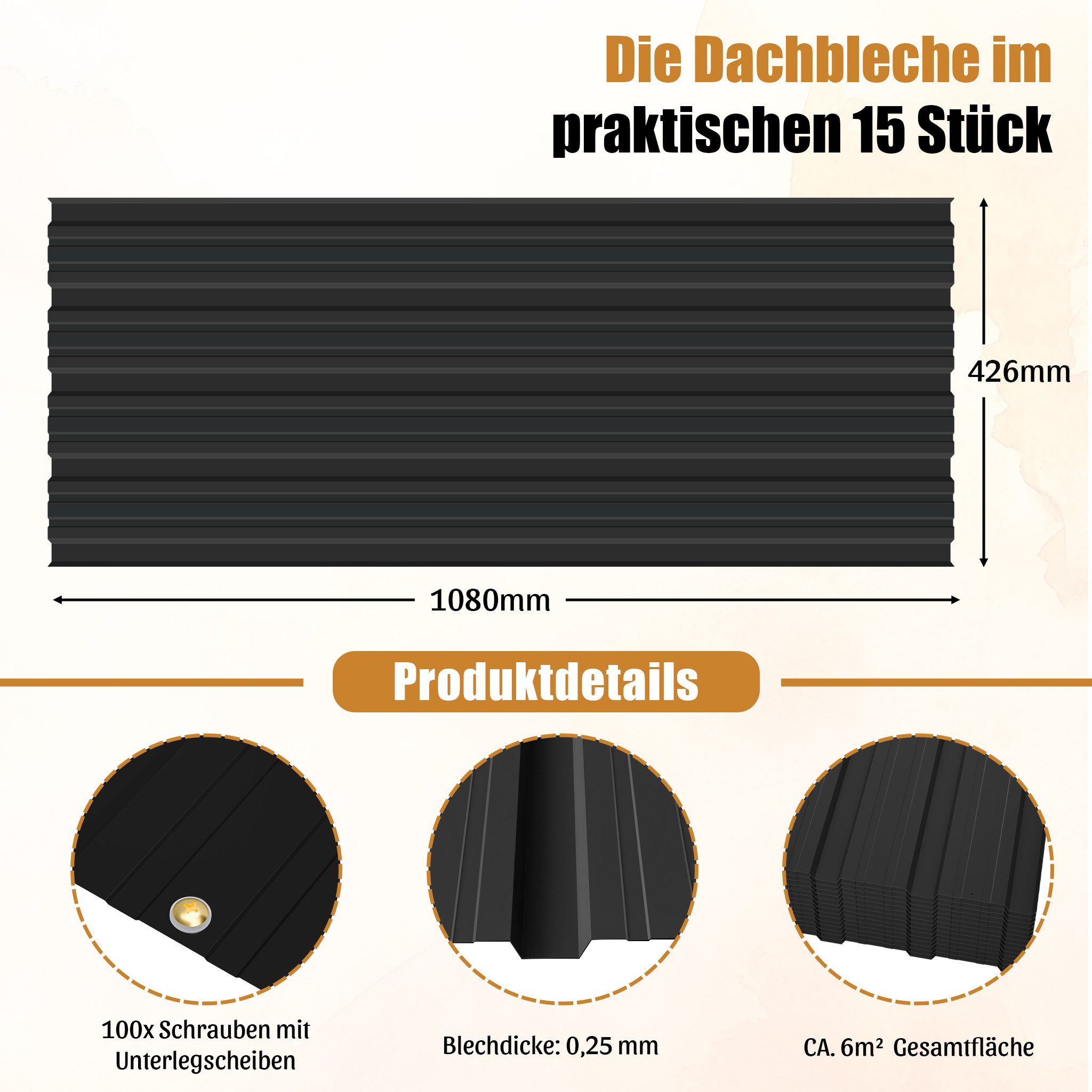 GIHAUVIA Trapezblech Trapezblech Set 15 Stück, verzinkt 0,25mm,Schrauben für Carport.