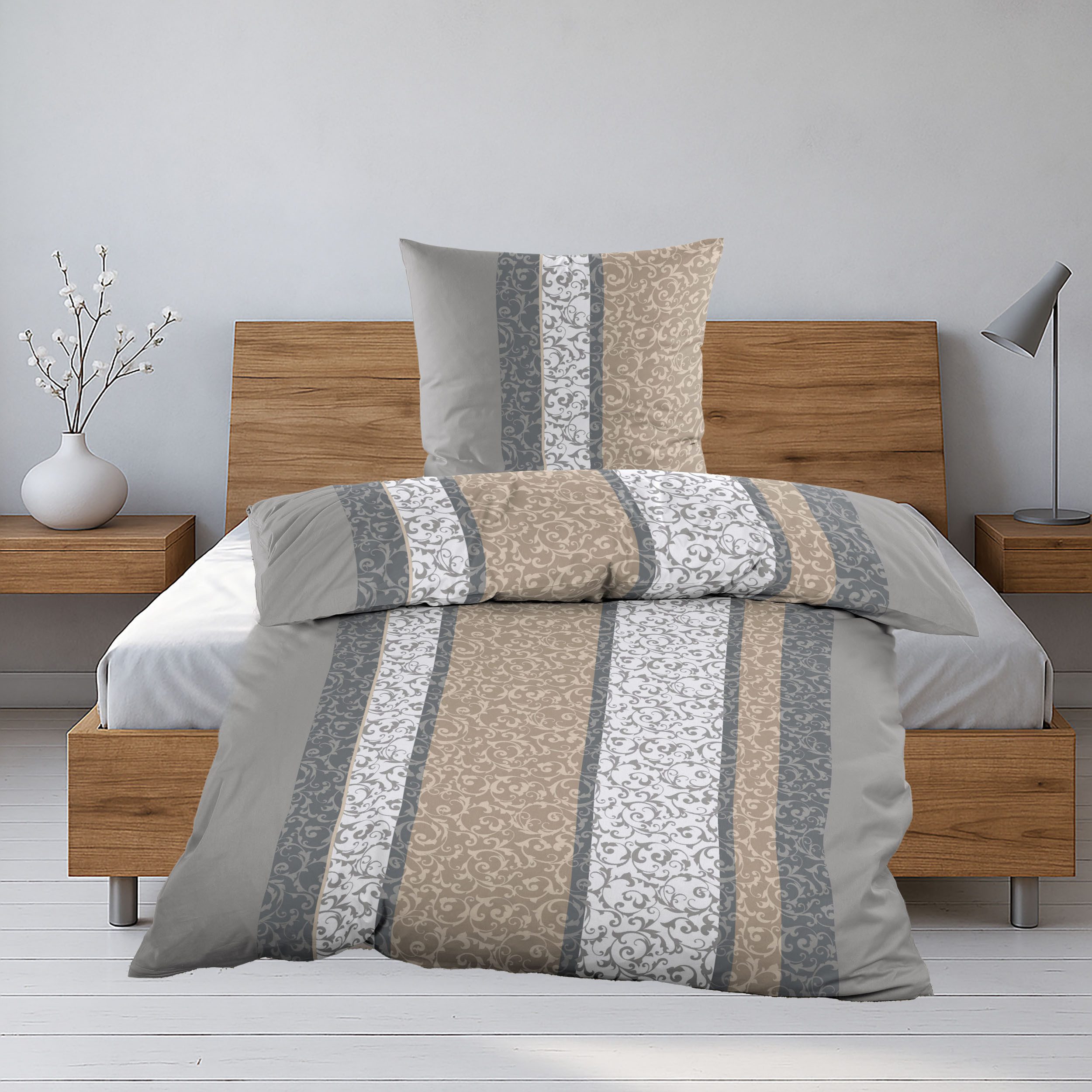 Casa Colori Bettwäsche Biber 135x200cm Grau Beige gestreift Schnörkelmuster, Biber, 2 teilig, 100% Baumwolle