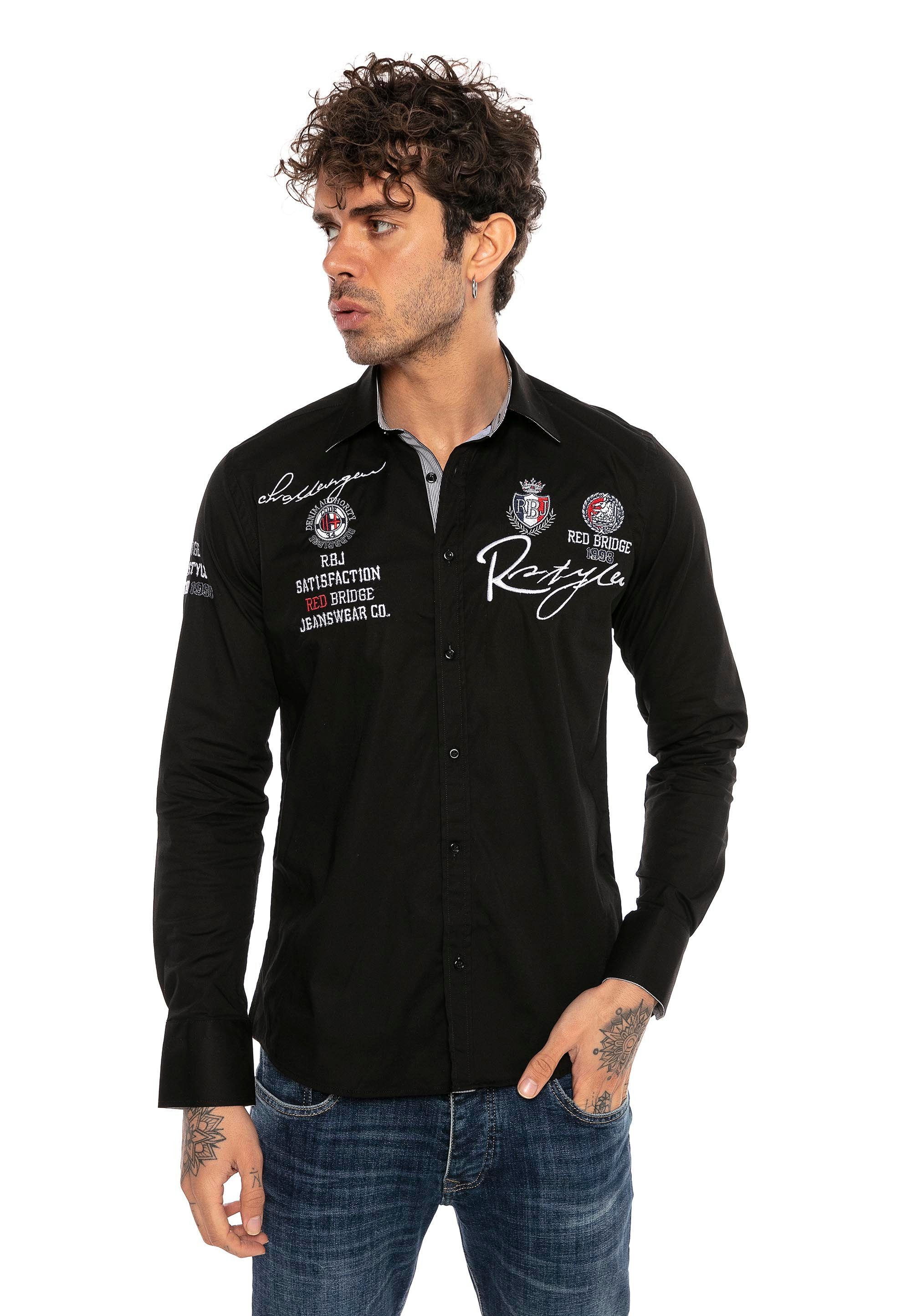 schwarz Jersey City Langarmhemd Fit-Schnitt im mit Slim Stickerei RedBridge