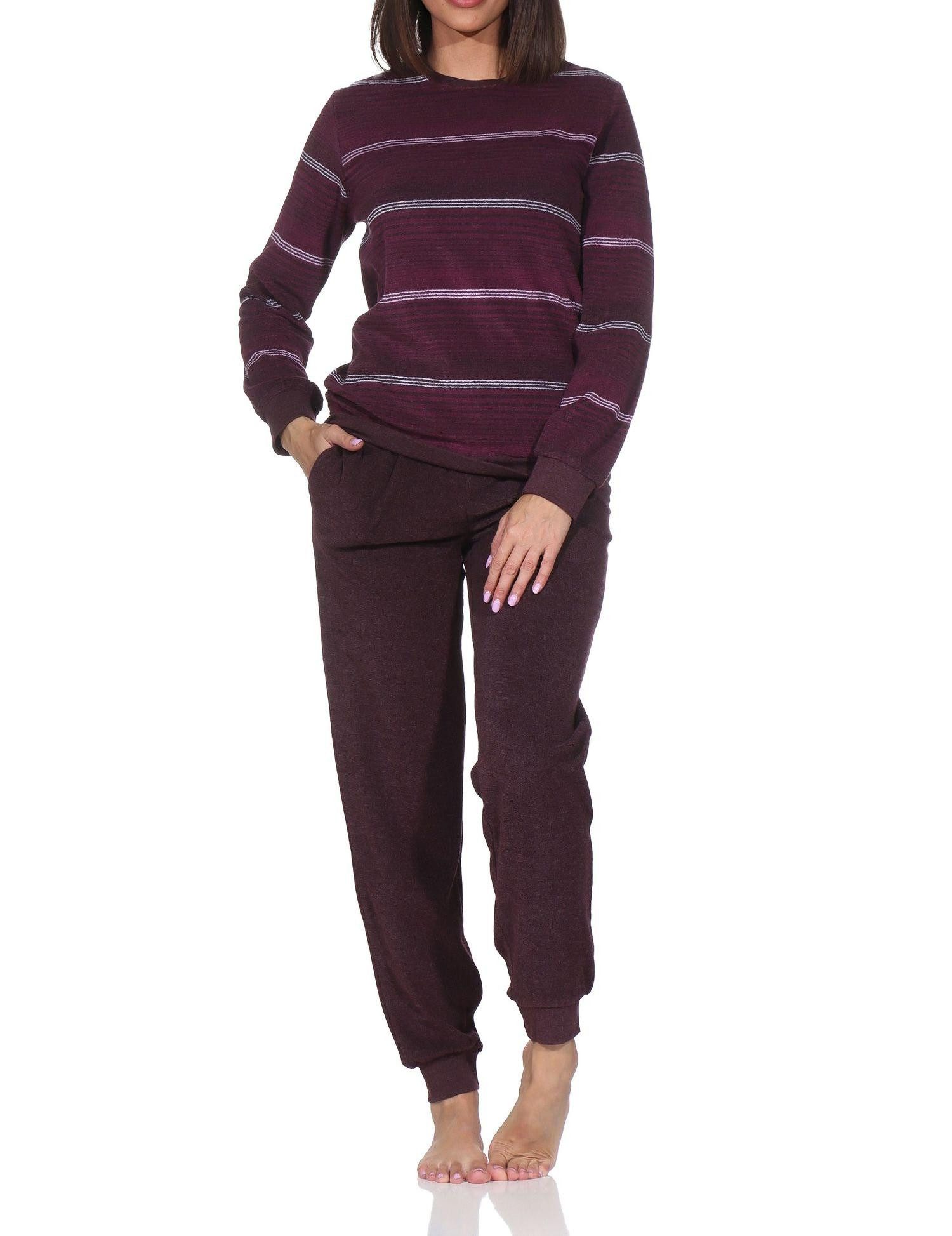 Normann Pyjama Damen Frottee Schlafanzug mit Bündchen in elegantem Streifendesign