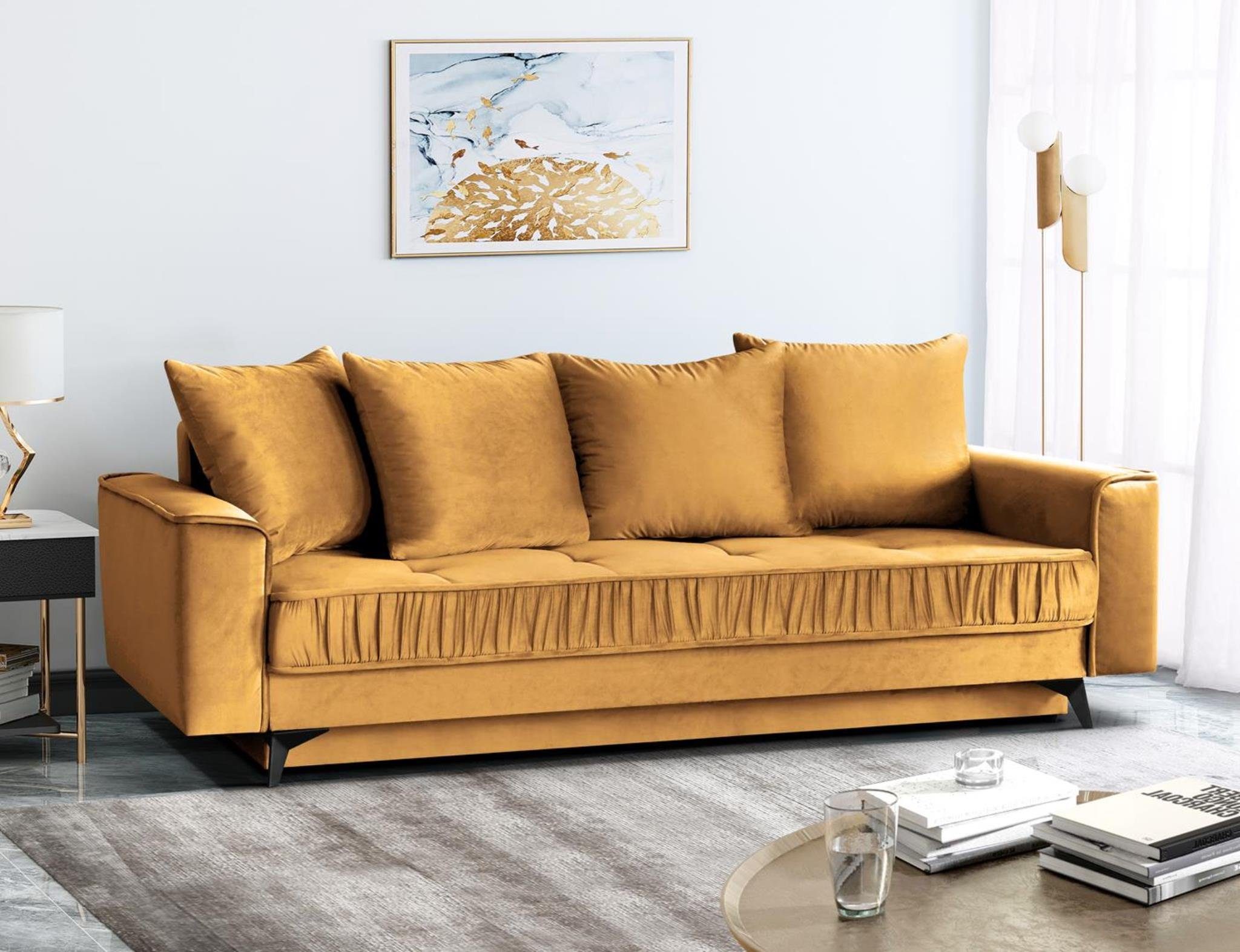 Beautysofa 3-Sitzer Monaco, stilvoll Schlafsofa Velours-Bezug, einzigartiges Design, Schlaffunktion aus mit Wellenunterfederung, Gelb mit (velutto 08)