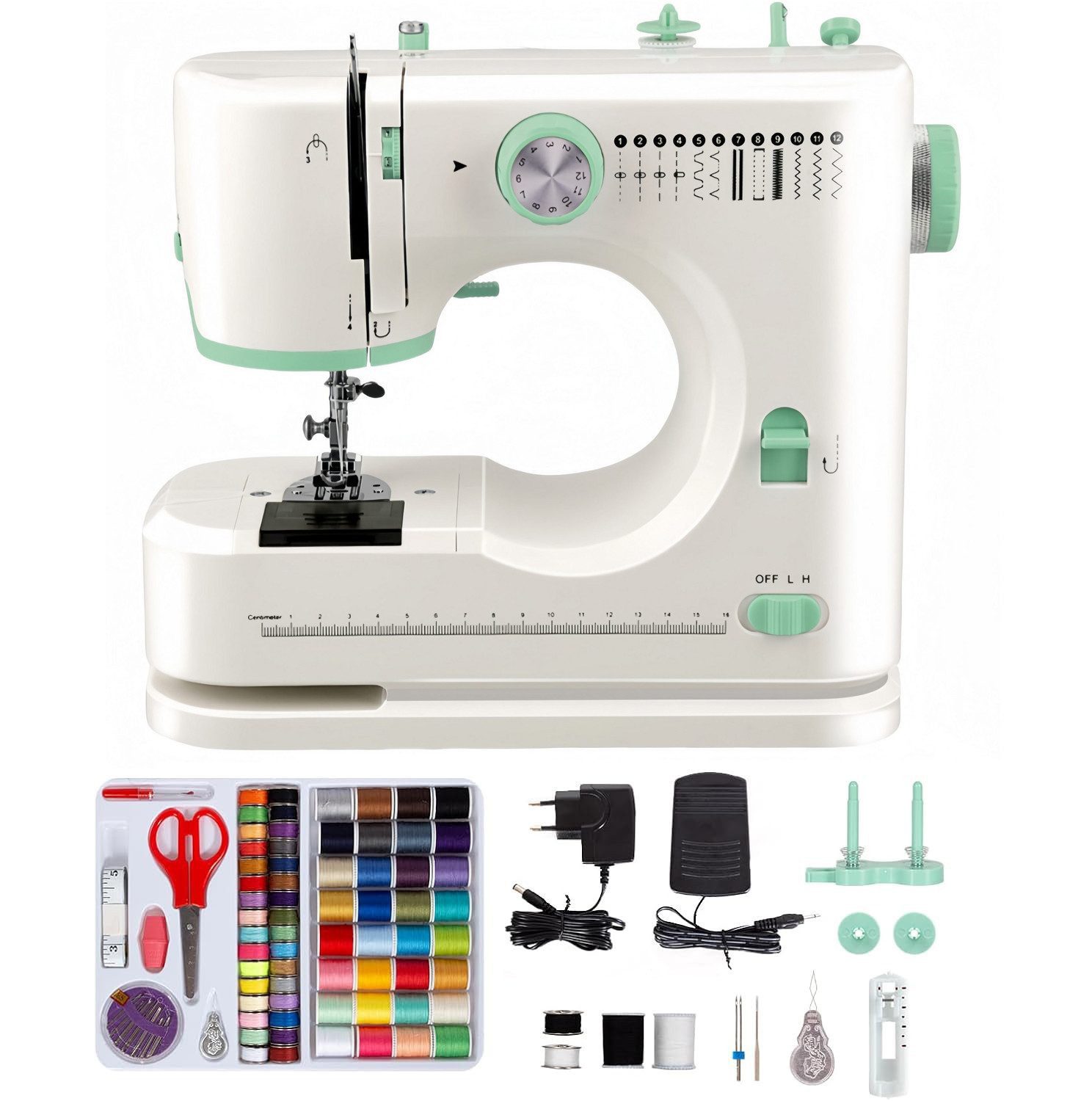 Fyrove Nähmaschine Nähmaschine Haushaltsnähmaschine mit 12 Stichmustern Nähzubehör-Set, 12 Programme, Tragbare Nähmaschine mit Doppelnadel, 2 Geschwindigkeit für Anfänger