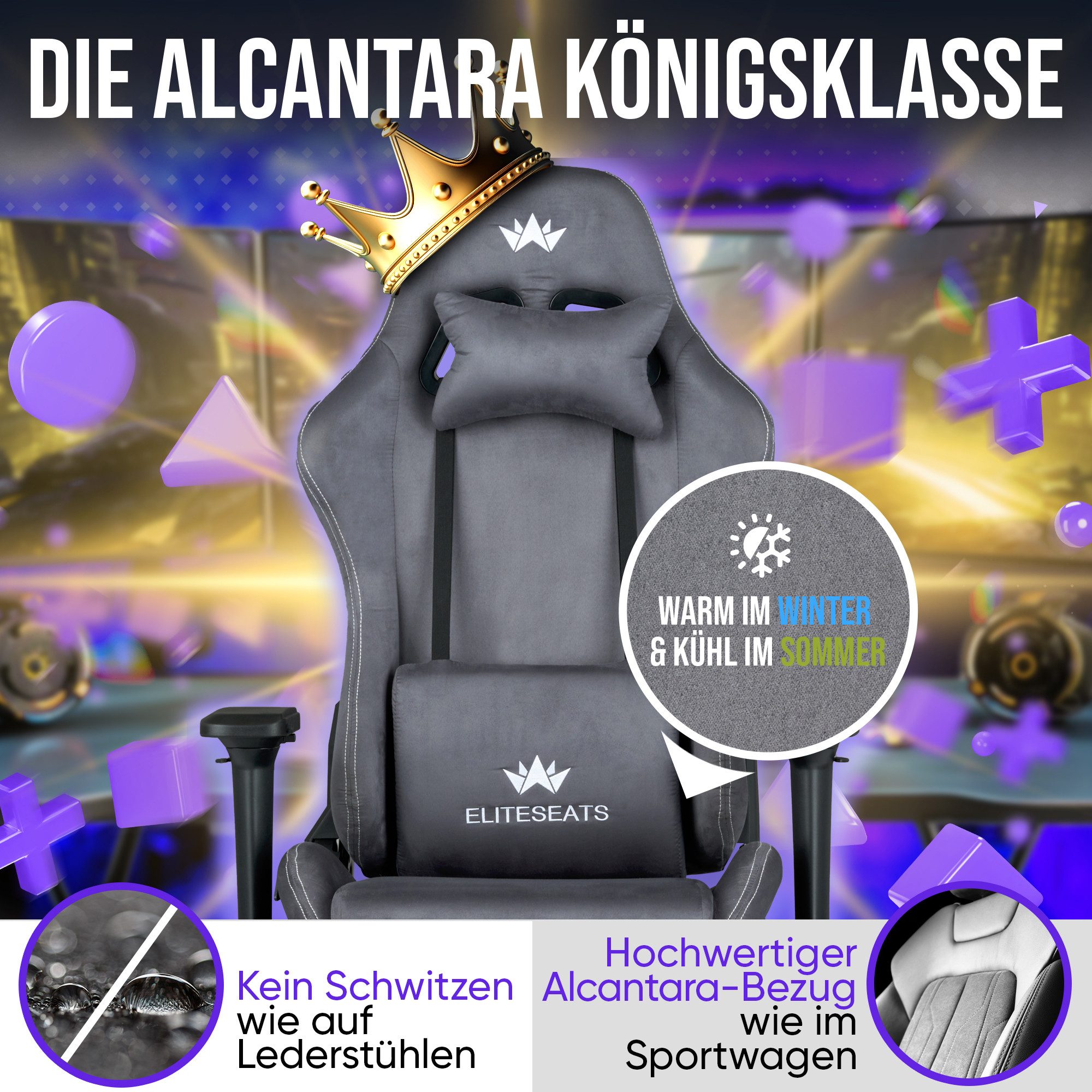 ELITESEATS Gaming-Stuhl Ergonomisch [TESTSIEGER] Kratzerfreie Rollen Atmungsaktiv (Gaming Sessel mit 4D-Armlehnen, Fußstütze), Ergonomischer Schreibtischstuhl 150 kg Belastbarkeit, Bürostuhl